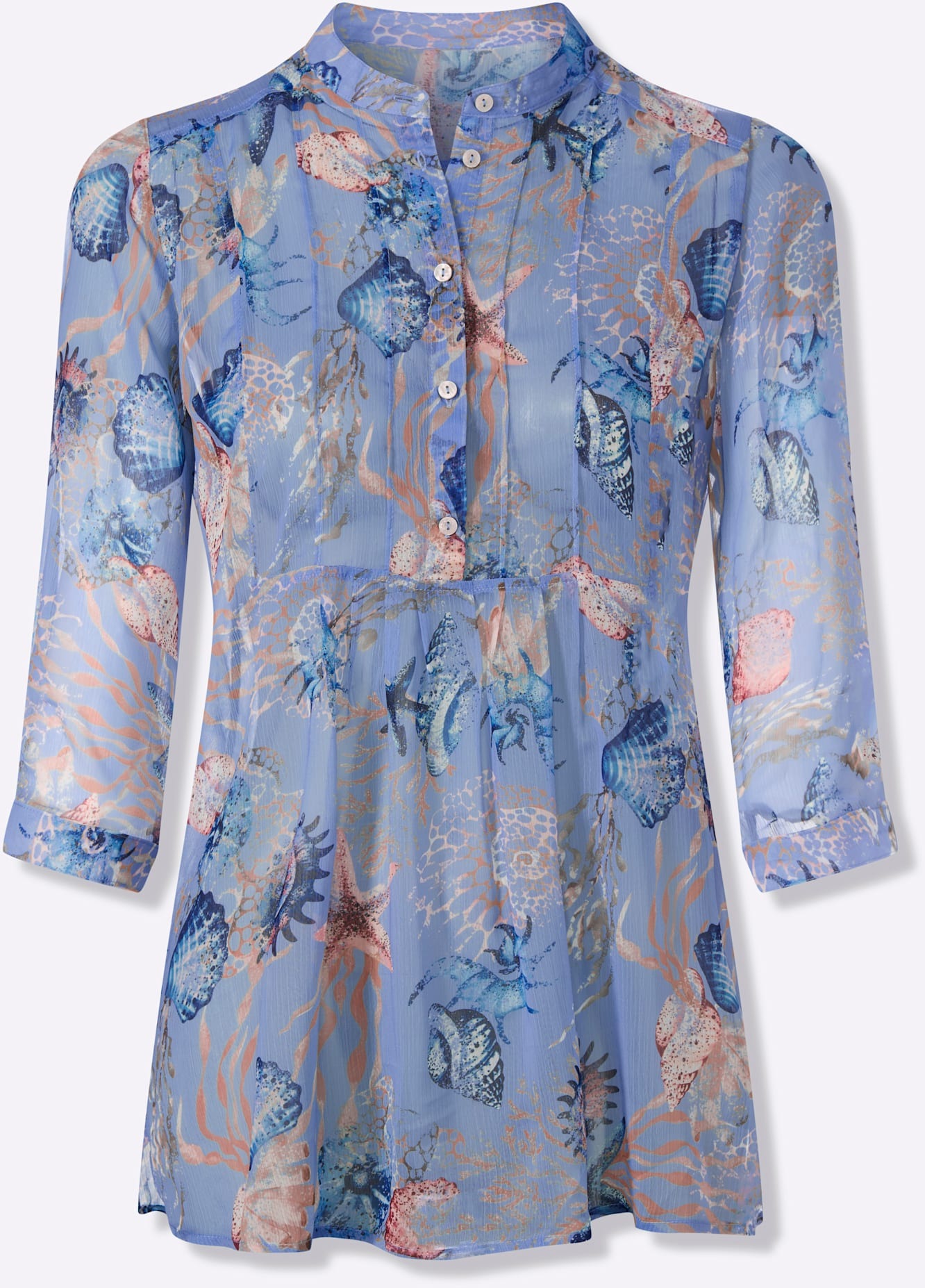 Longbluse HEINE, Damen, Gr. 34, eisblau, sand, bedruckt, 100% Polyester, bedruckt, gemustert, mehrfarbig, Rundhals, Blusen Longbluse 3