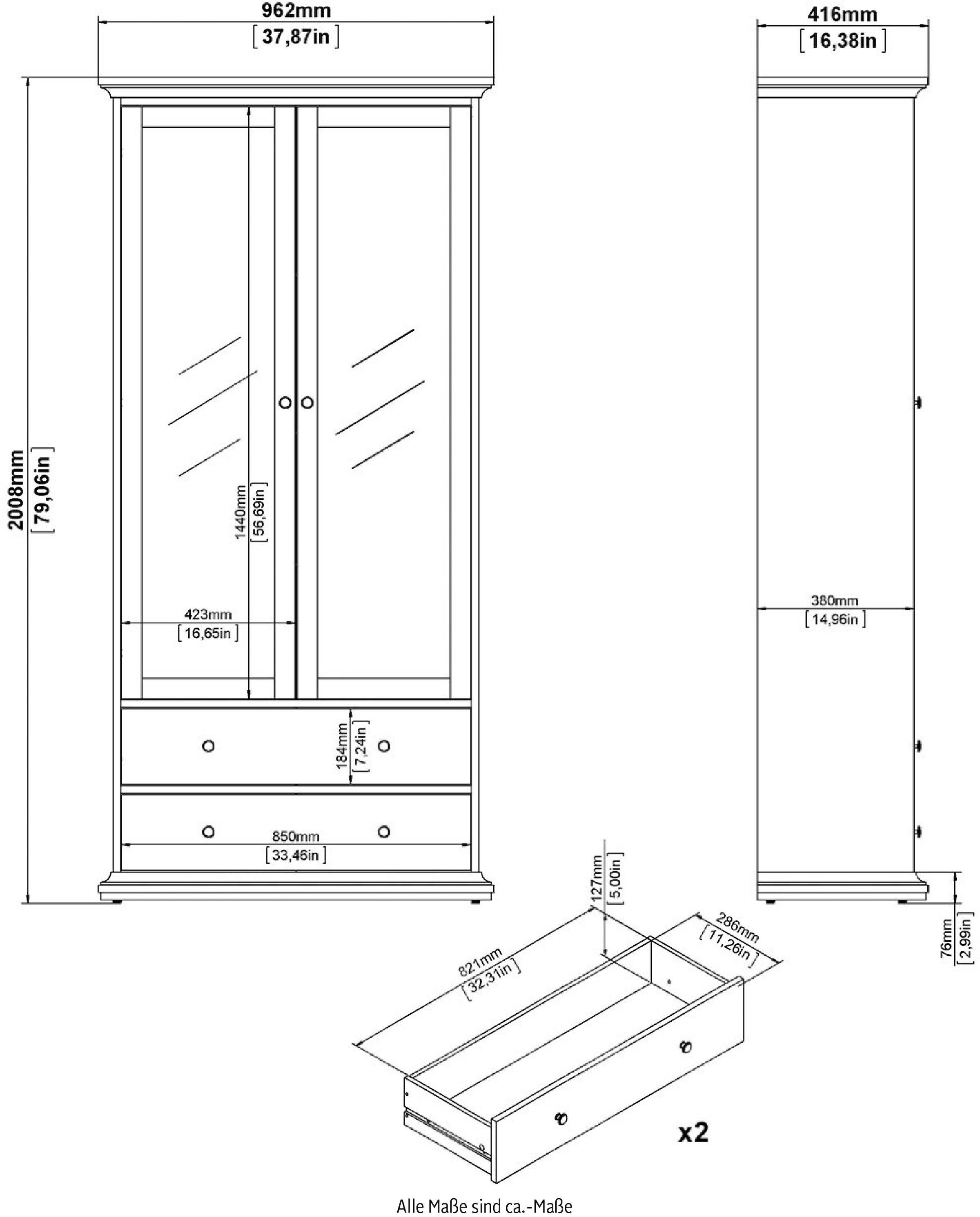 Home affaire Vitrine »Paris Glasvitrine Vitrinenschrank Ausstellung Sammelvitrine«, mit 2 Glastüren und 2 Schubladen, Breite, 96 cm, Höhe 200 cm