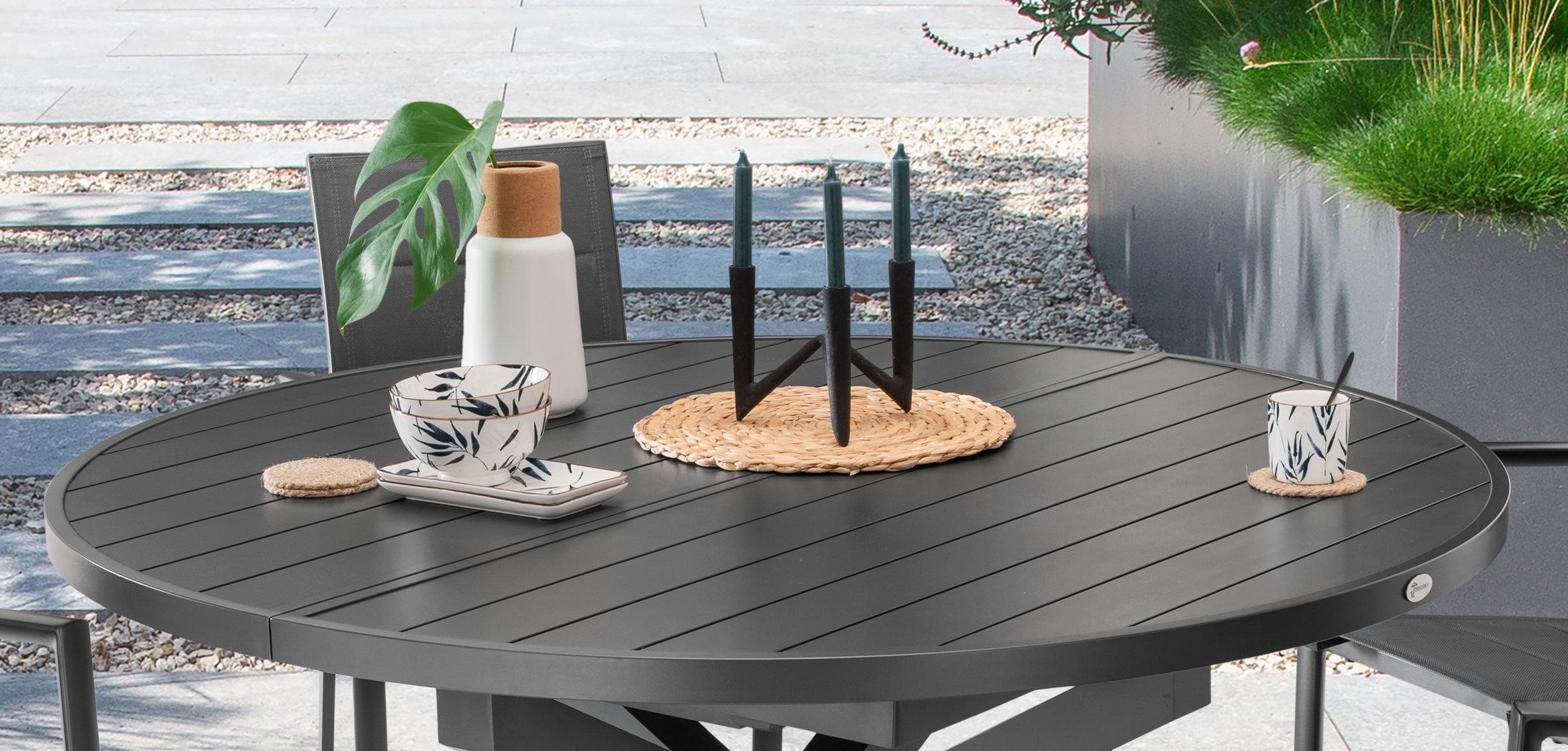 Destiny Garten-Essgruppe »COSTA  ARONA« Set, 1 Ausziehtisch, 4 Stapelsessel, 5 Stk. tlg. (Set, 9-tlg., 4 Sessel, 1 Tisch ausziehbar Ø 120/170x75cm) Aluminium