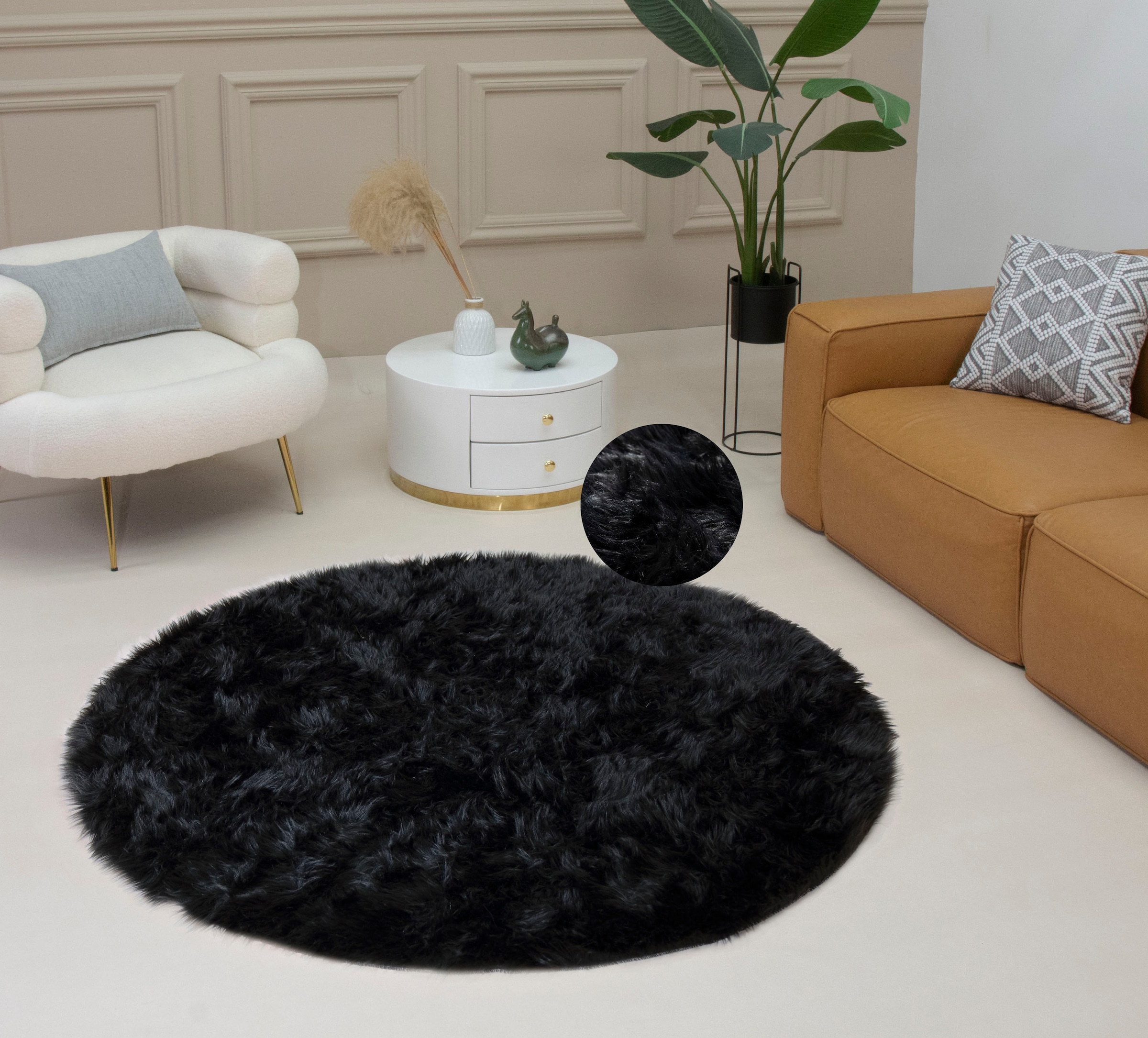 my home Fellteppich »Dena, Hochflor Teppiche«, rund, 60 mm Höhe, Kunstfell, weich, Uni-Farben, Wohnzimmer, Schlafzimmer, Esszimmer