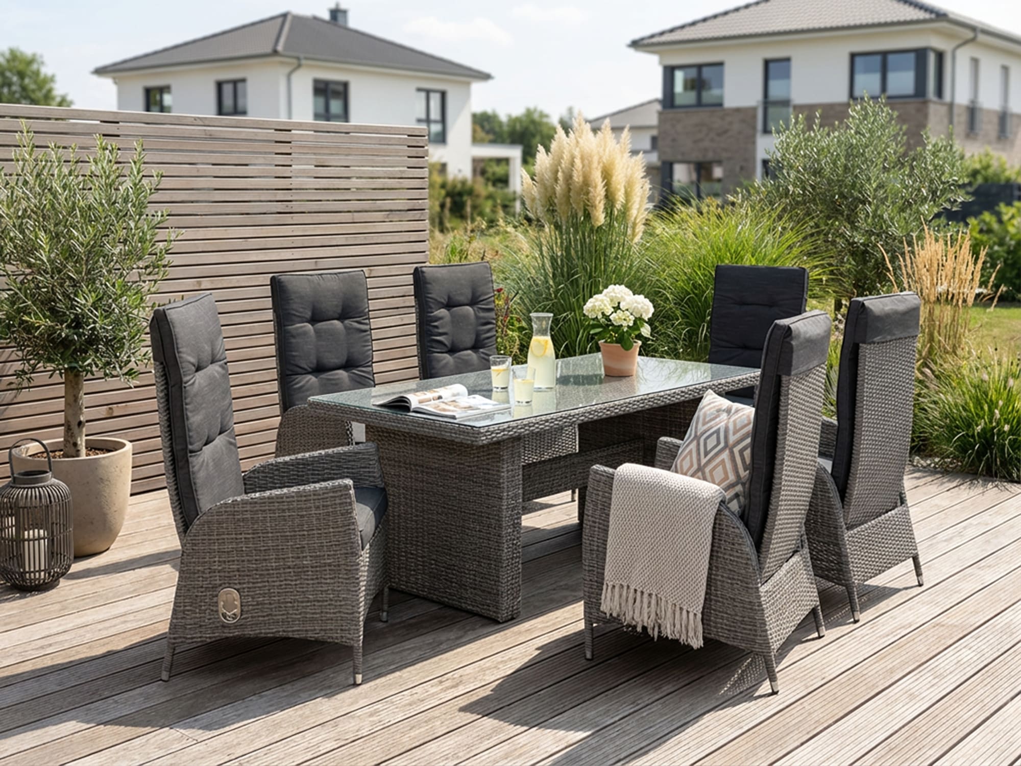 KONIFERA Garten-Essgruppe »Brisbane« 6 Sessel, Rückenlehne verstellbar, inkl. Auflagen, Tisch 92x192x74 cm,, 13 Stk. tlg. Aluminium/Polyrattan, Tischplatte aus Stone-Spray-Glas in Steinoptik