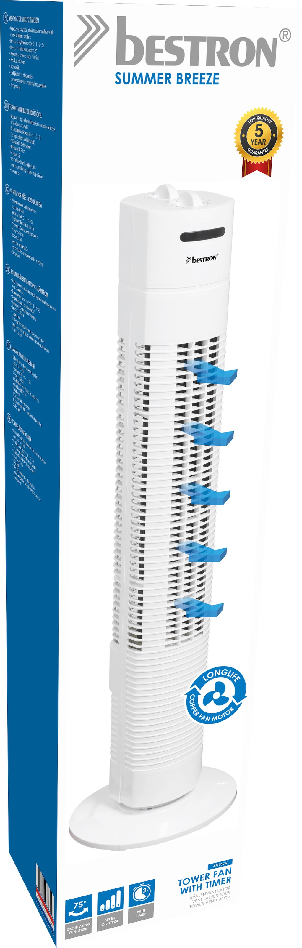 bestron Turmventilator »mit Schwenkfunktion«, Höhe: 75 cm, 50 W, Weiß