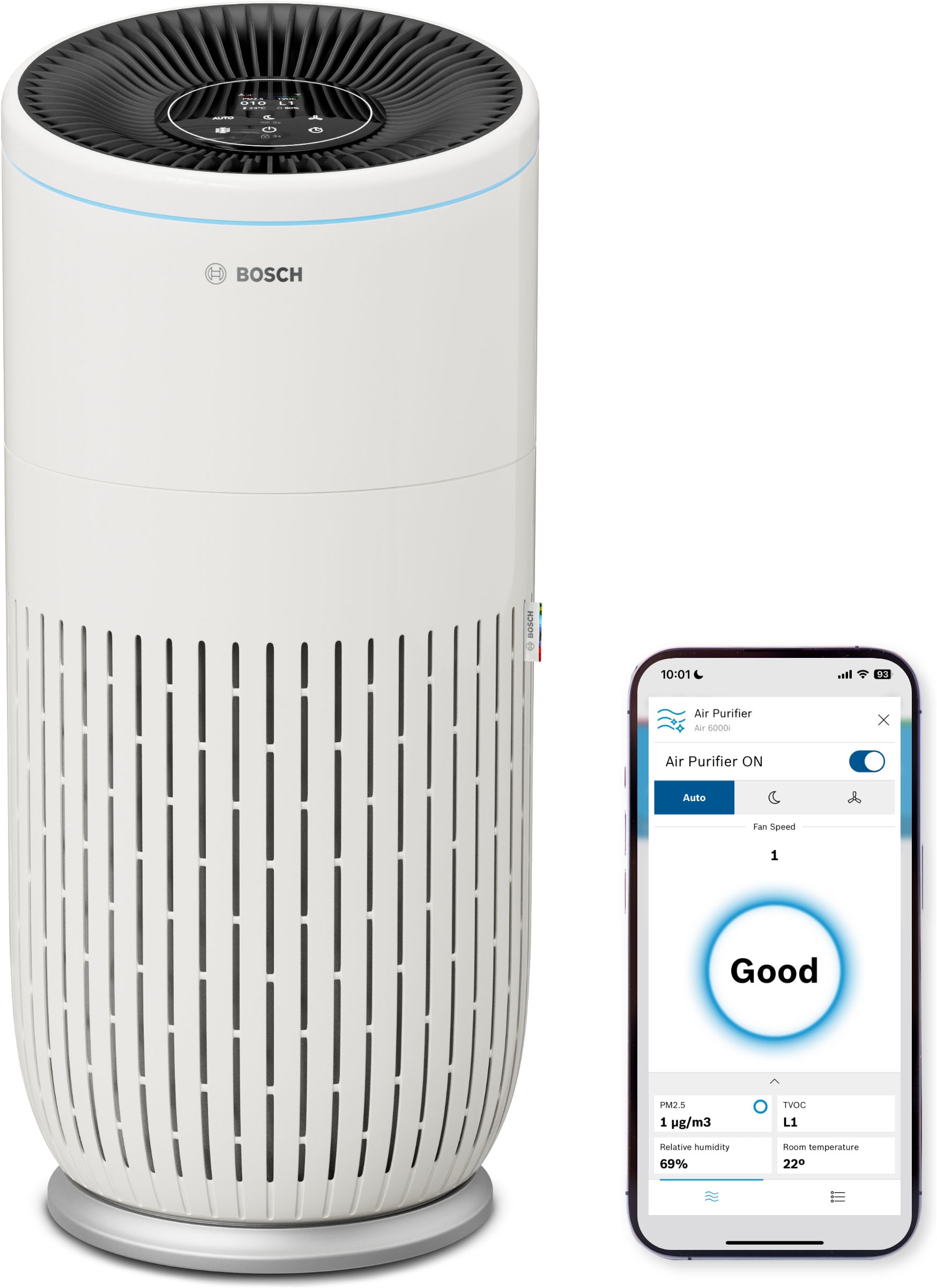 BOSCH Luftreiniger "Air 6000i, leistungsstark und mit App-Steuerung" für 125 qm Räume mit 4-in-1 Luftfilter und Temperatur- und Luftfeuchtigkeits-Sensor