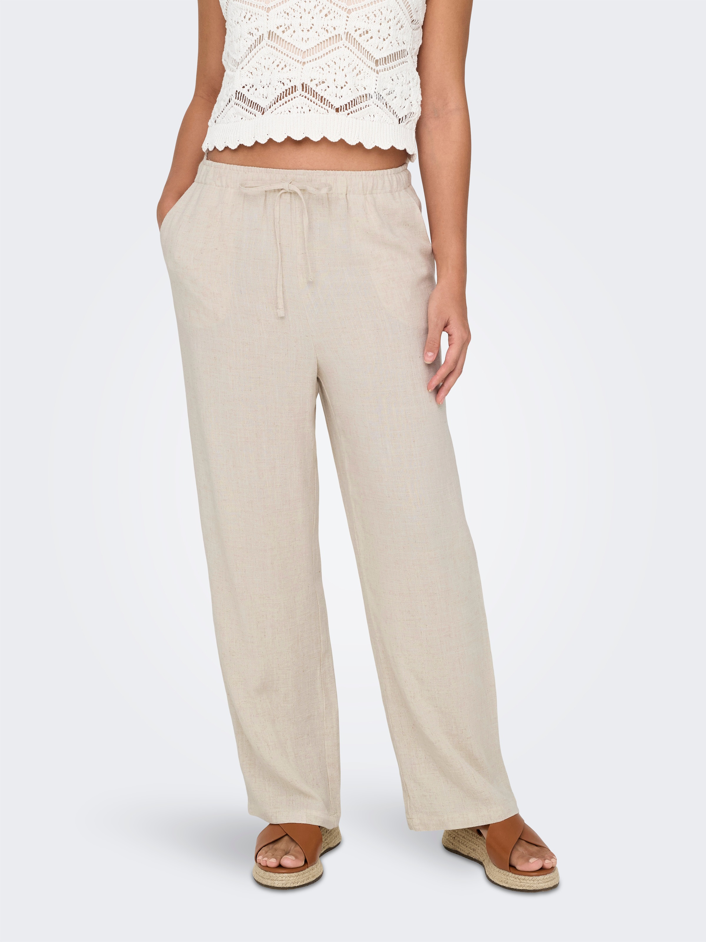 Schlupfhose ONLY "ONLSIESTA MW PULL-UP LINEN BL PNT NOOS", Damen, Gr. L, Länge 30, moonbeam, Web, Obermaterial: 80% Viskose, 20% Leinen, unifarben, straight fit normal, Hosen Schlupfhose, Viskosemischung