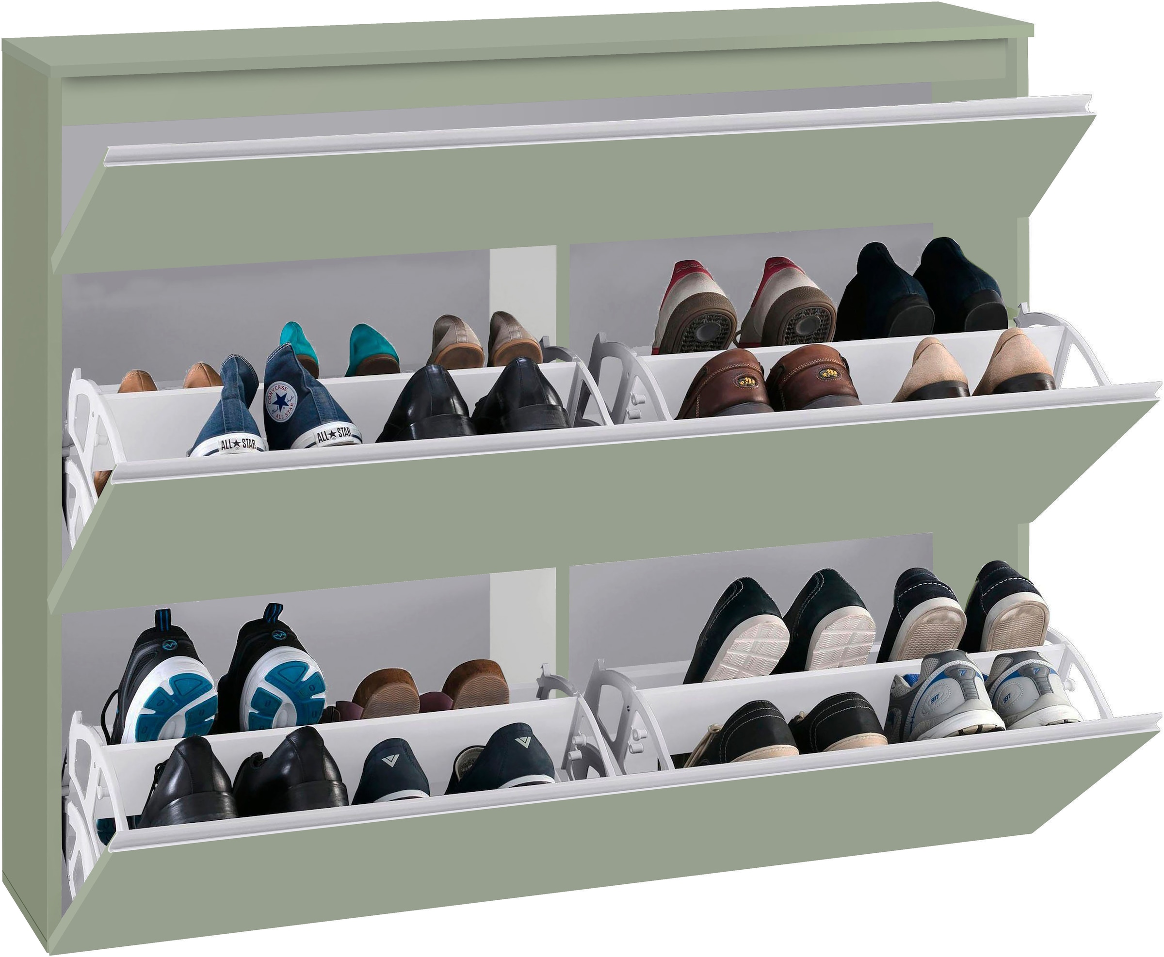 INOSIGN Schuhschrank »Magic Schuhschrank, Schuhkommode, Schuhregal, softgriff« 3 Klappen,Doppelschuhtrommeln,hochglanz lackiert oder matt,Breite 120