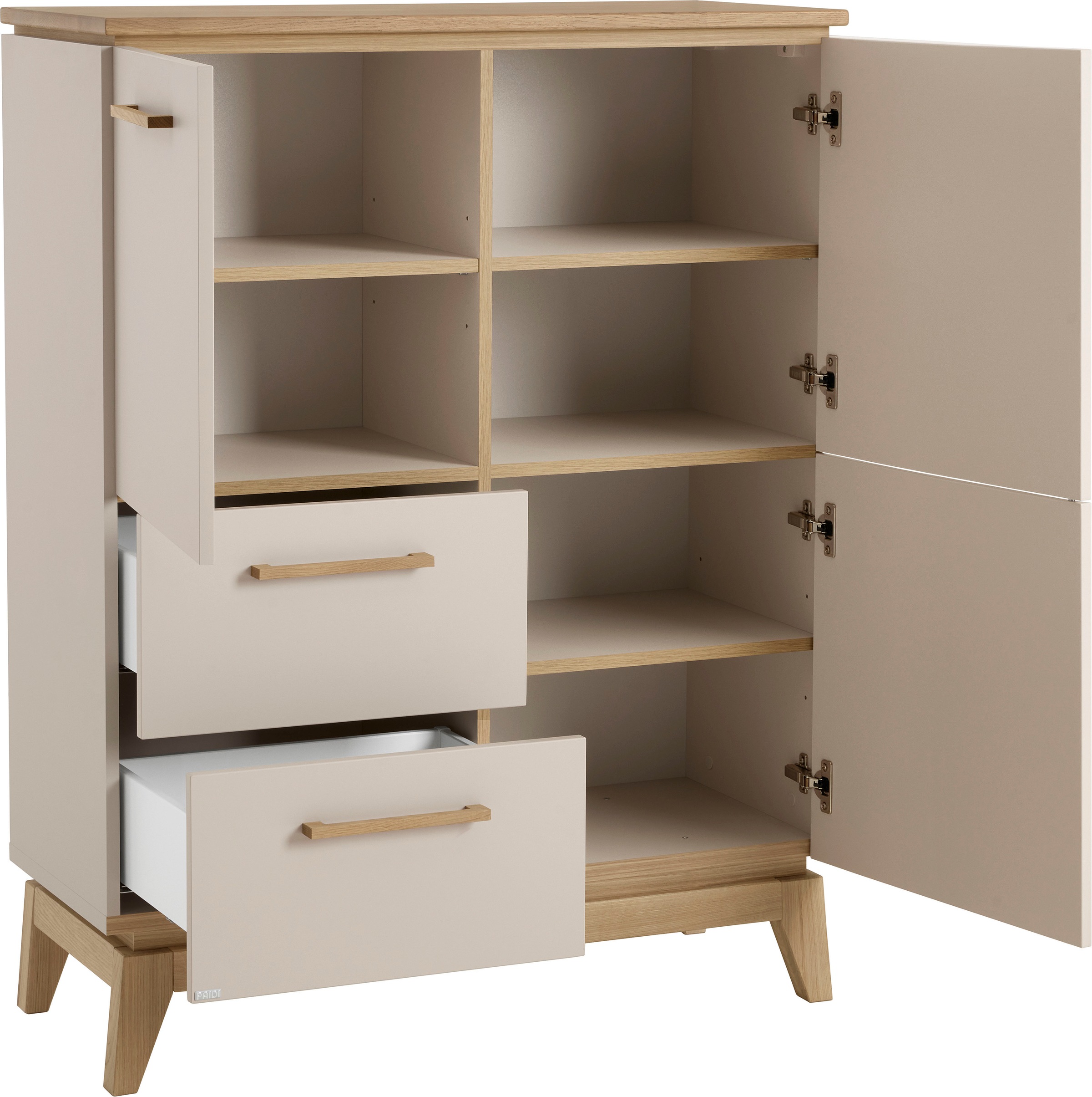 PAIDI Highboard »STIENE in Beige oder Grau, 2 Schubladen und 2 Türen mit Soft-Close« B/H/T ca. 95/123/40cm,  stabiles Regal mit Massivholz, Standregal, geprüfte Qualität