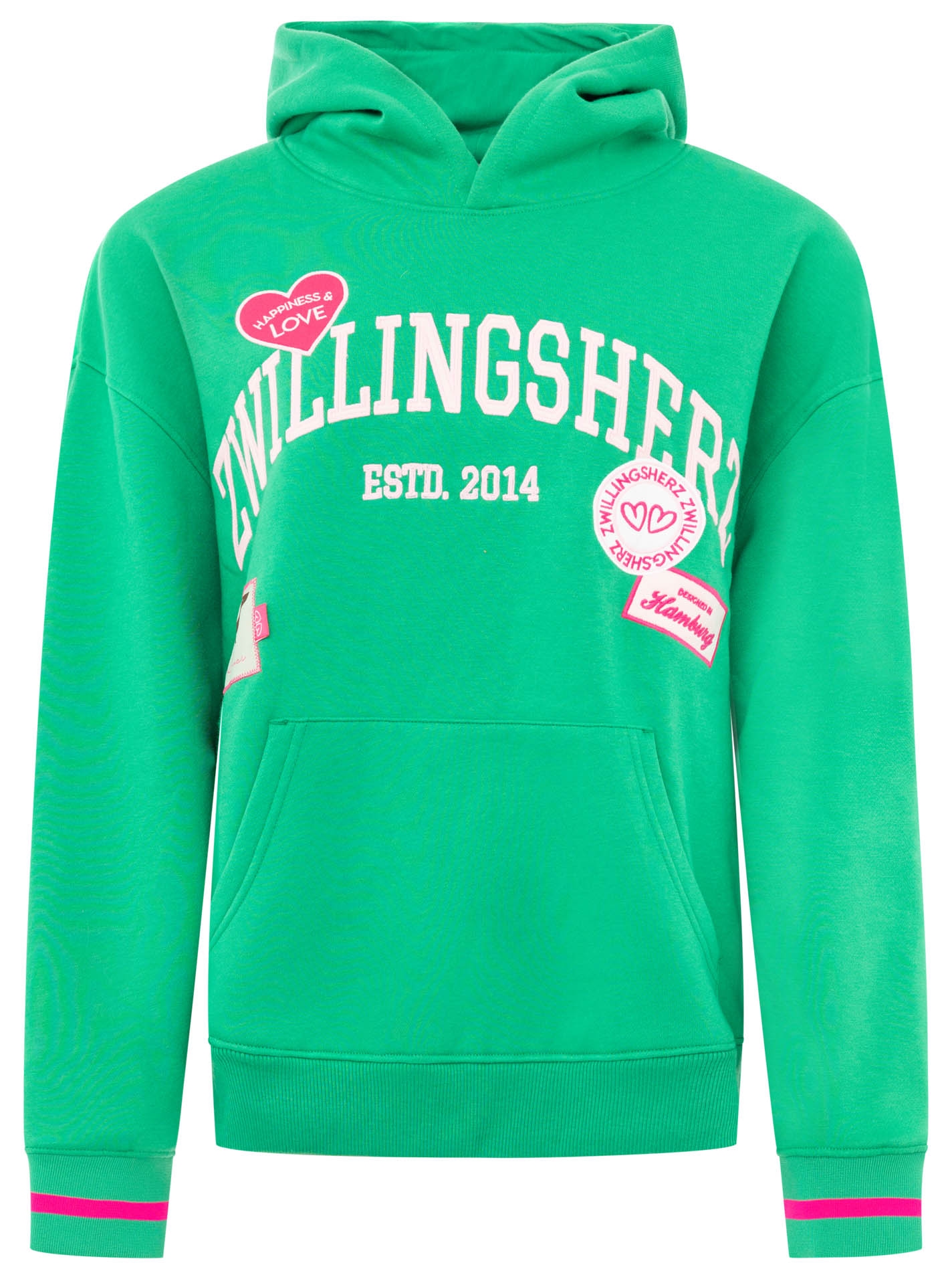 Zwillingsherz Hoodie ""Zwillingsherz Patches"", Oversize-Fit, Kapuze, großer Schriftzug und Patches, Kängurutasche