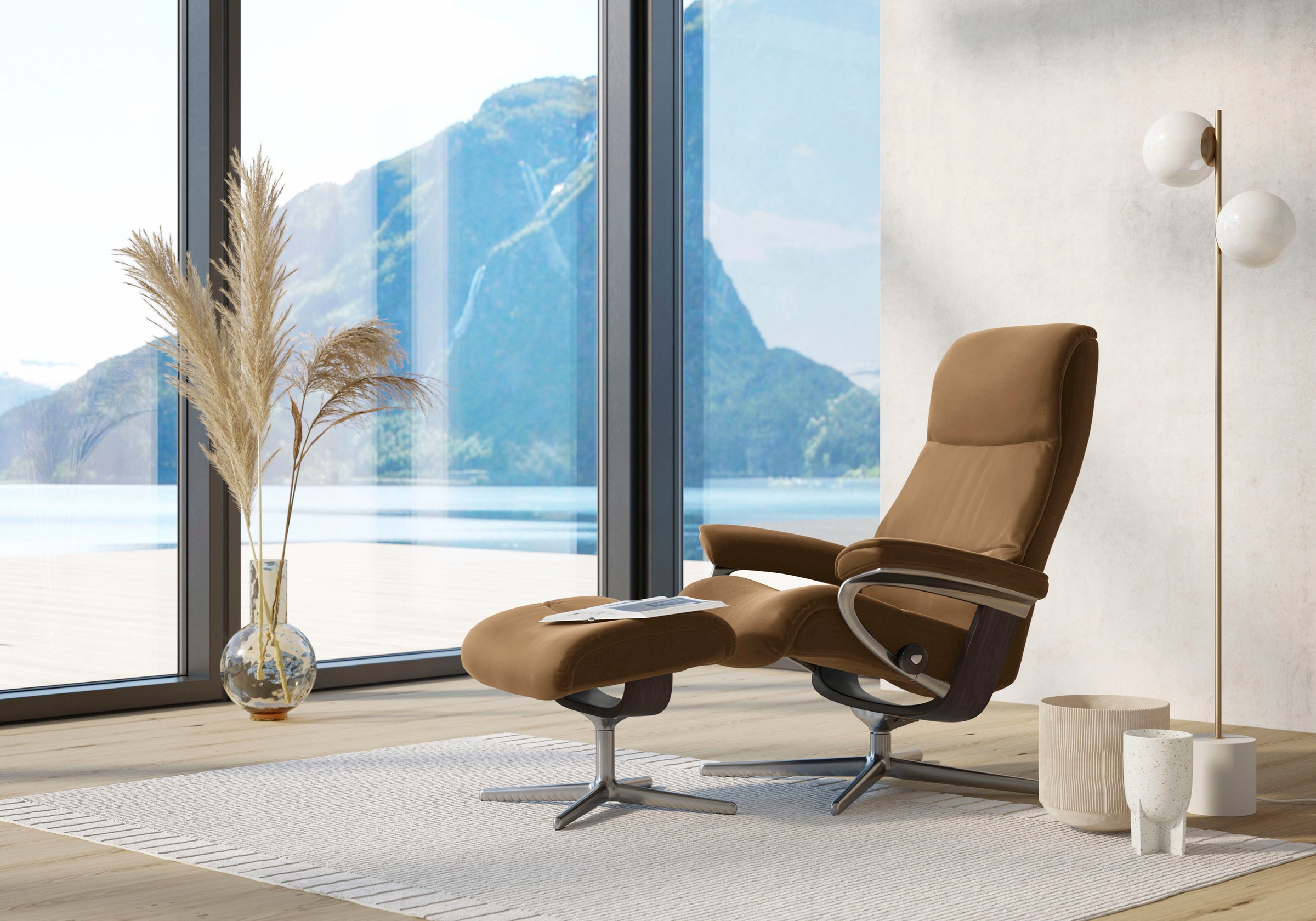 Stressless Relaxsessel "View" Set, Relaxsessel mit Hocker, mit Hocker, mit Cross Base, Größe S, M & L, Holzakzent Wenge