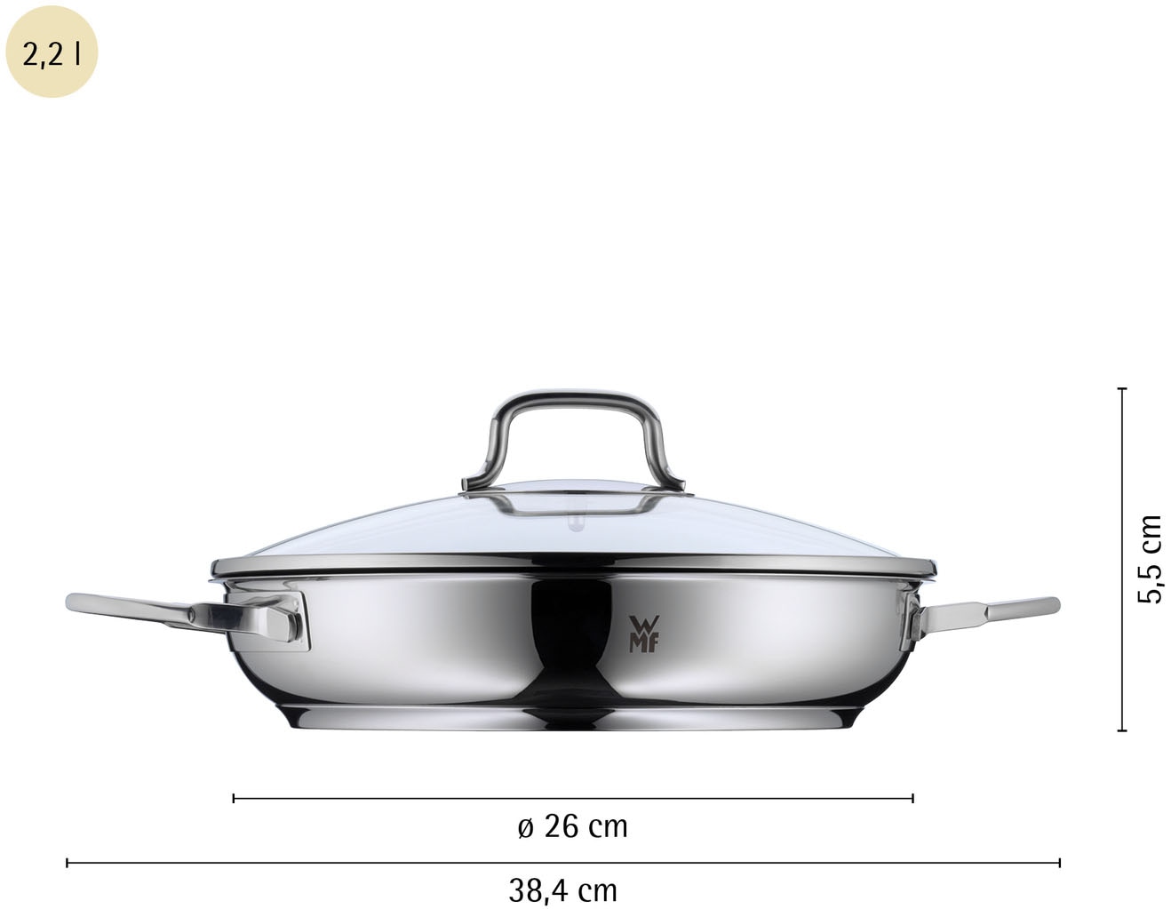 WMF Schmorpfanne »Devil, Servierpfanne Induktion Ø 26 cm mit Glasdeckel« Cromargan® Edelstahl Rostfrei 18/10 Set, 2 Stk. tlg. Keramikbeschichtung, Pfanne ofenfest bis 250°C, für alle Herdarten