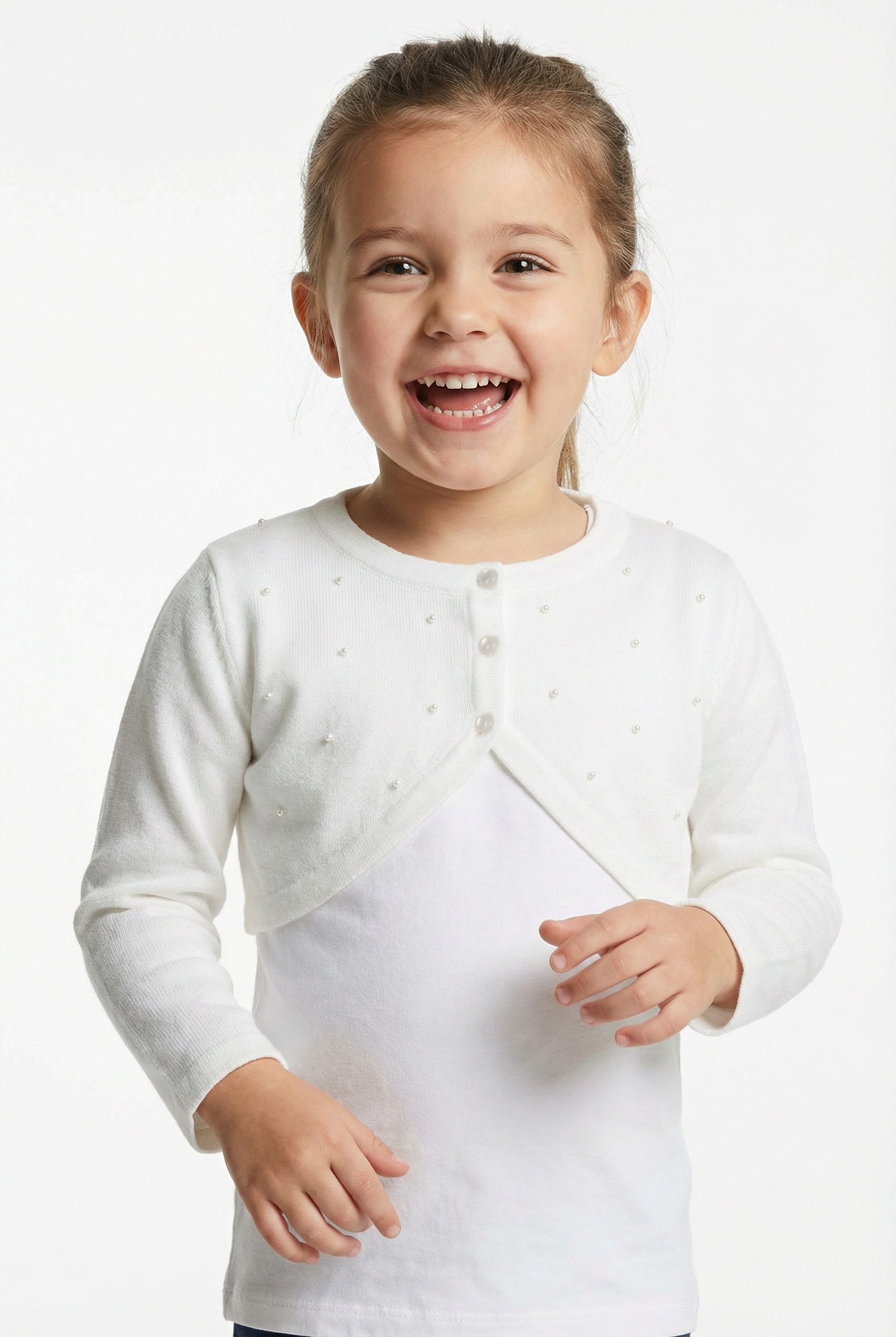 Bolero HAPPY GIRLS "cardigan", Mädchen, Gr. 146, ecru, Strick, Obermaterial: 100% Polyester, unifarben, bauchfrei, Rundhals, Strickjacken Bolero, vorne mit schönen Zierperlen bestickt
