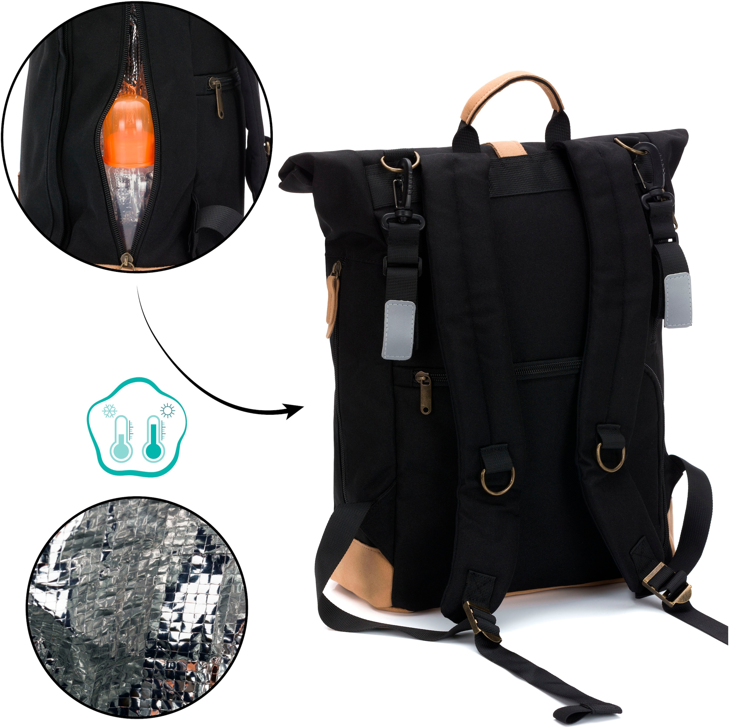 Fillikid Wickelrucksack »Rolltop Berlin schwarz« Reflektoren inkl. Wickeltunterlage