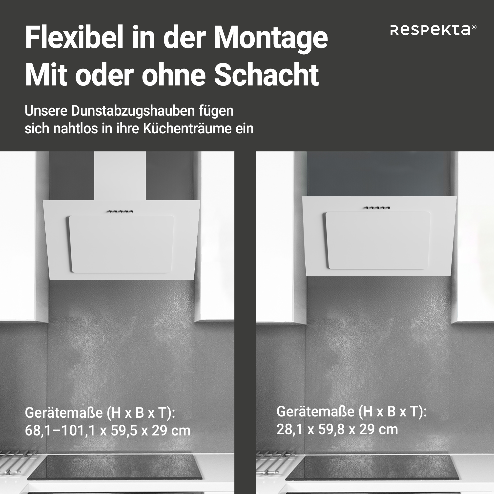 RESPEKTA Kopffreihaube »CH 33060« 60 cm, 3 Leistungsstufen, LED-Beleuchtung, Ab- und Umluftfähig