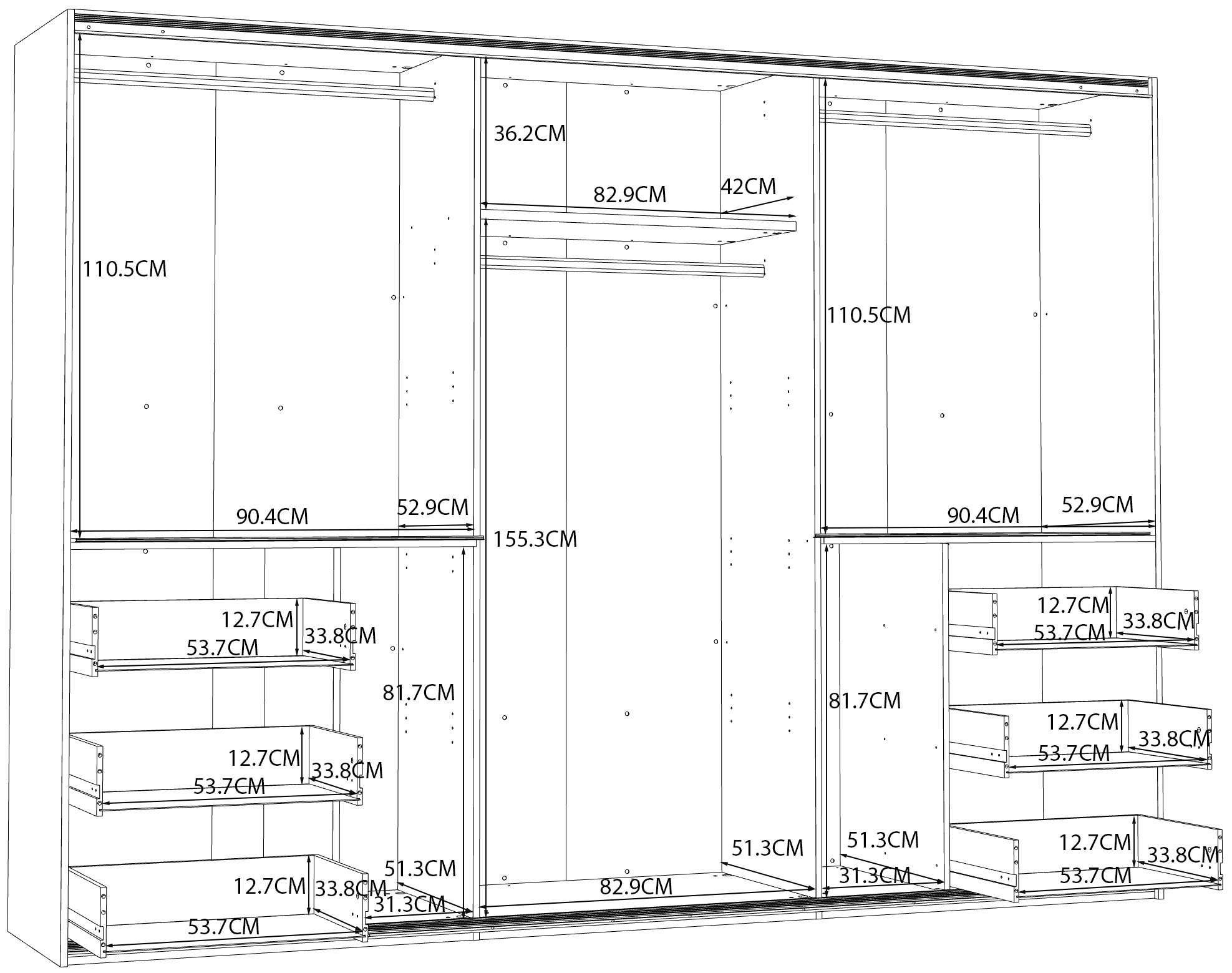 FORTE Schwebetürenschrank, mit 3 Schubladen