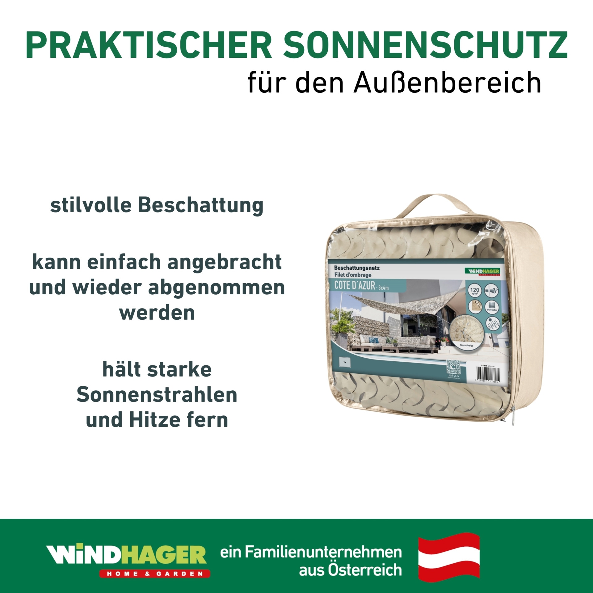 Windhager Sonnensegel »Beschattungsnetz COTE D´AZUR, Schattenspender mit UV Schutz« Sonnenschutz 3 x 4 m, erhältlich in beige/taupe oder weiß/grau