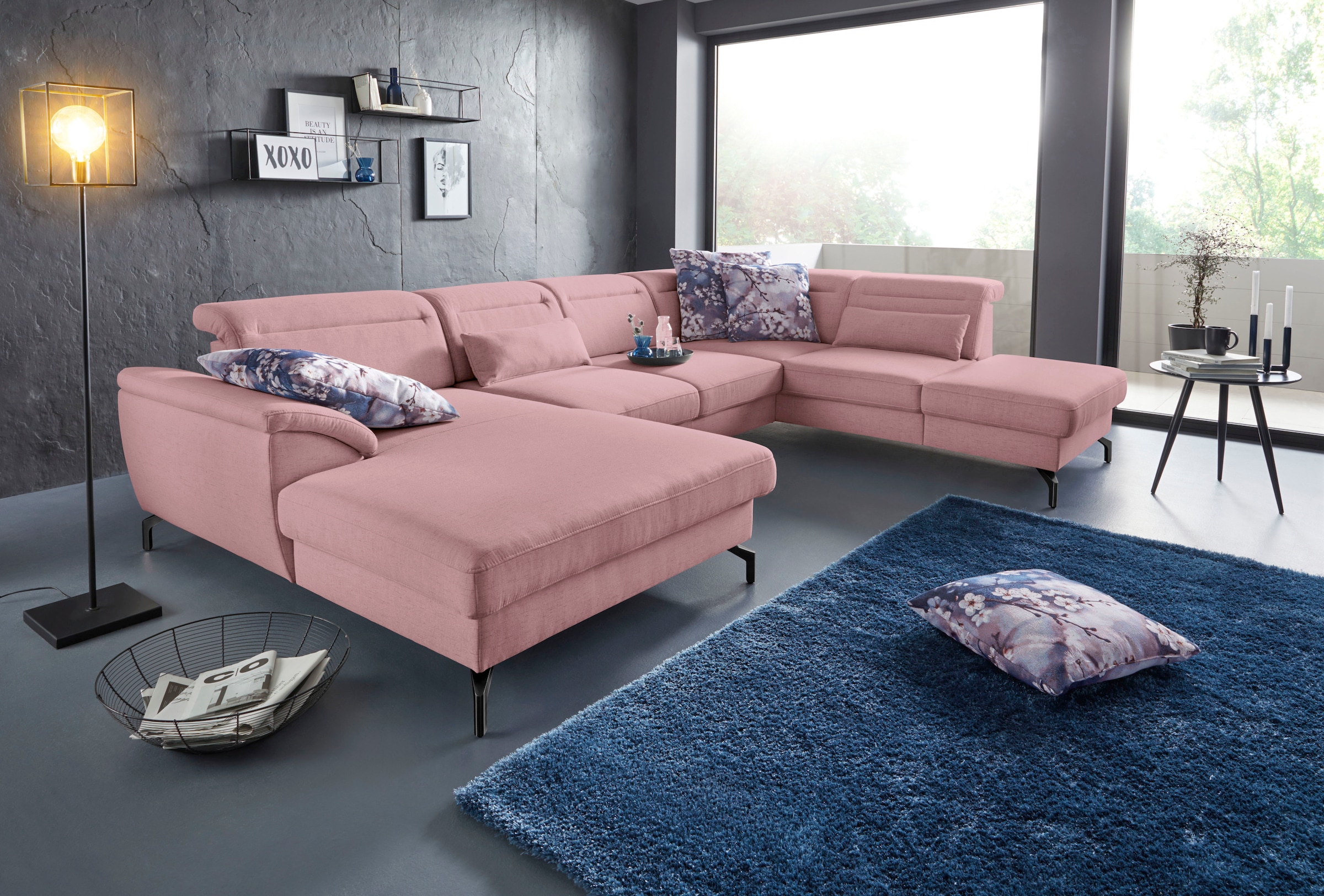 Wohnlandschaft SIT & MORE "Percy U-Form", rosa (altrosa), B:343cm H:80cm T:235cm, Sofas, Wohnlandschaft, 15 cm Fußhöhe, Sitztiefenverstellung, wahlweise in 2 Fußfarben