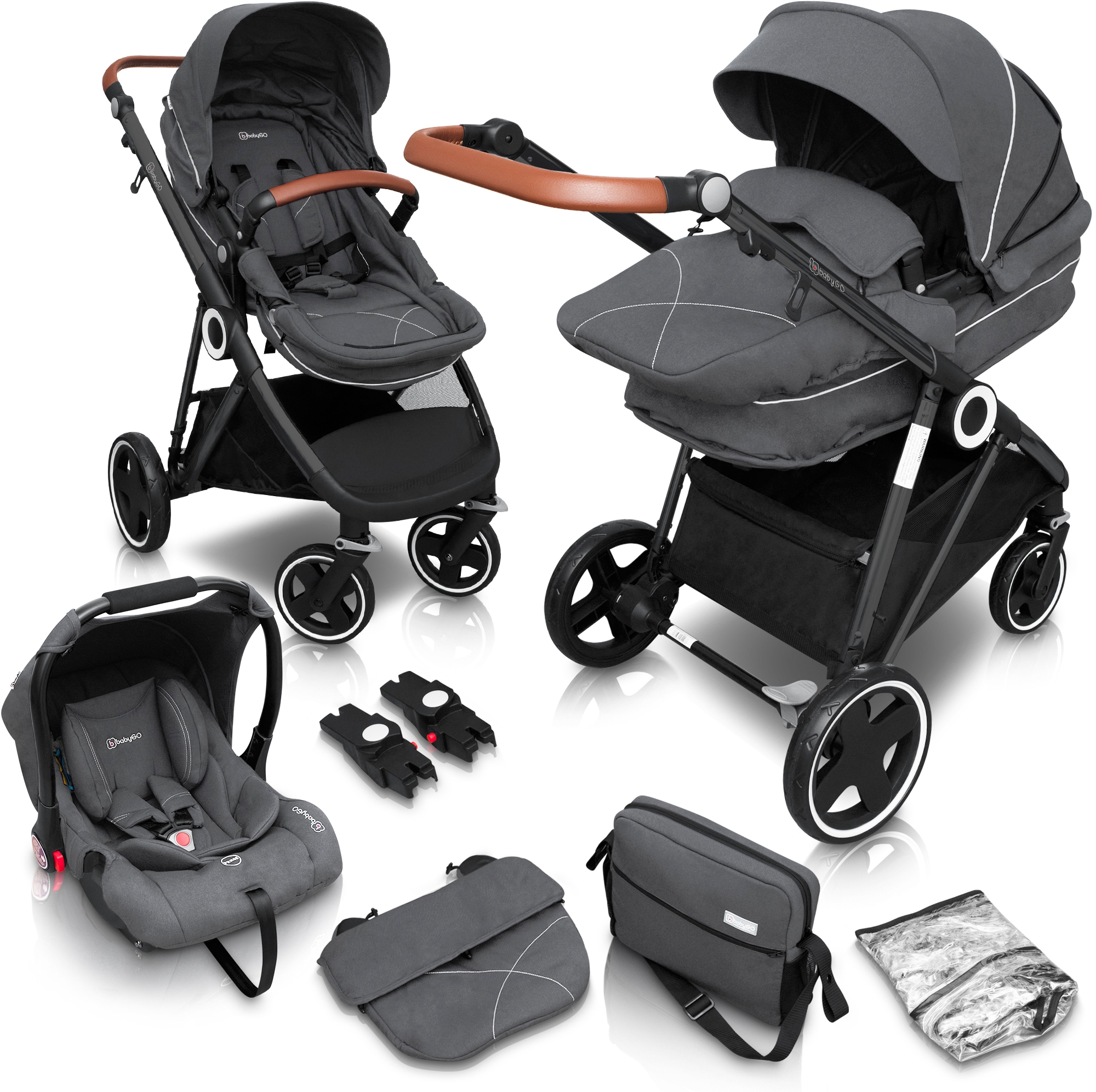 BabyGo Kombi-Kinderwagen »Halime 3in1, Grey Black«, inklusive Babywanne, Babyschale, Regenhaube & Wickeltasche