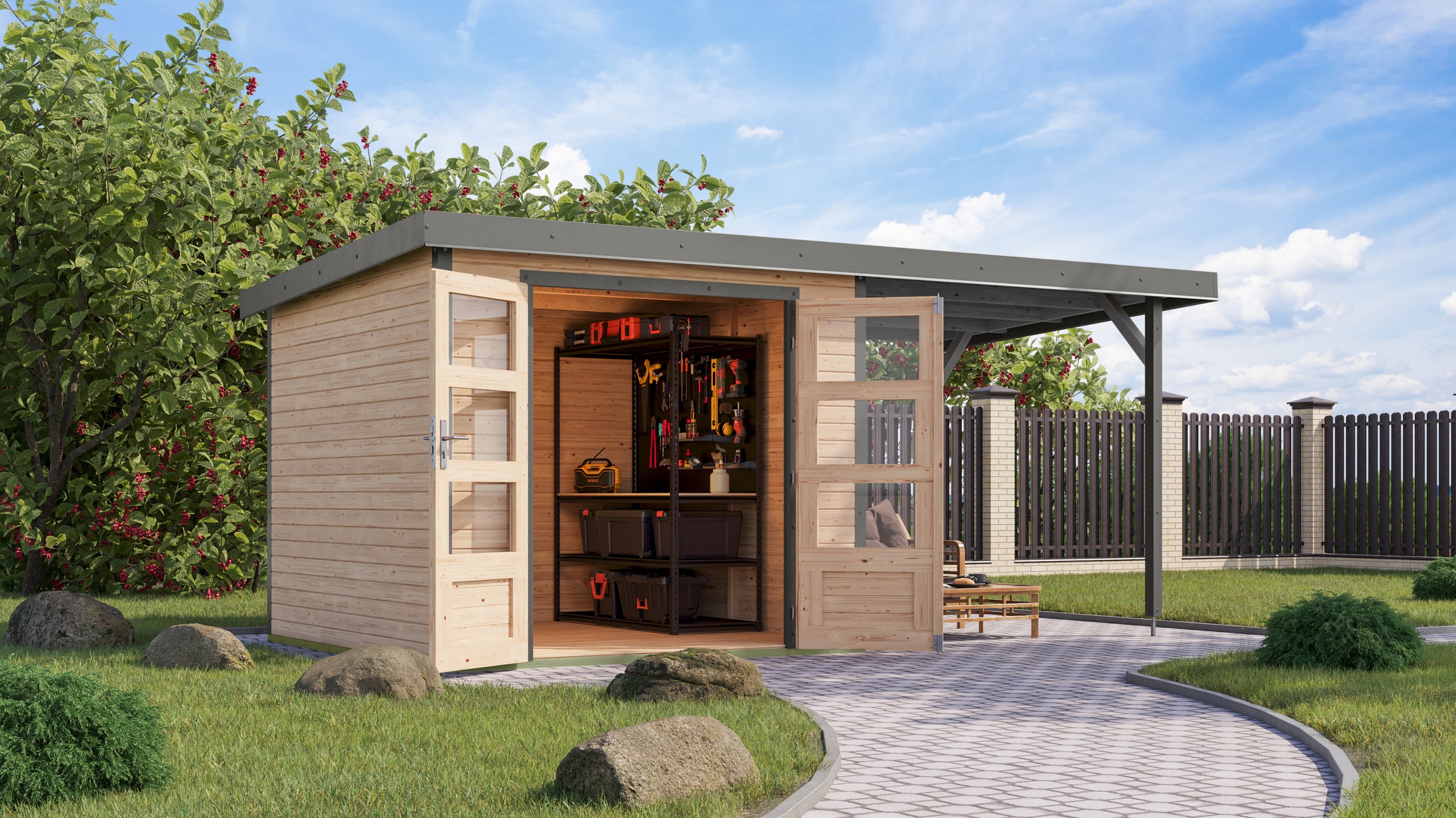 Karibu Gartenhaus ""Jupiter 3,5 A" SET naturbelassen, mit Anbaudach 2,35 m günstig online kaufen