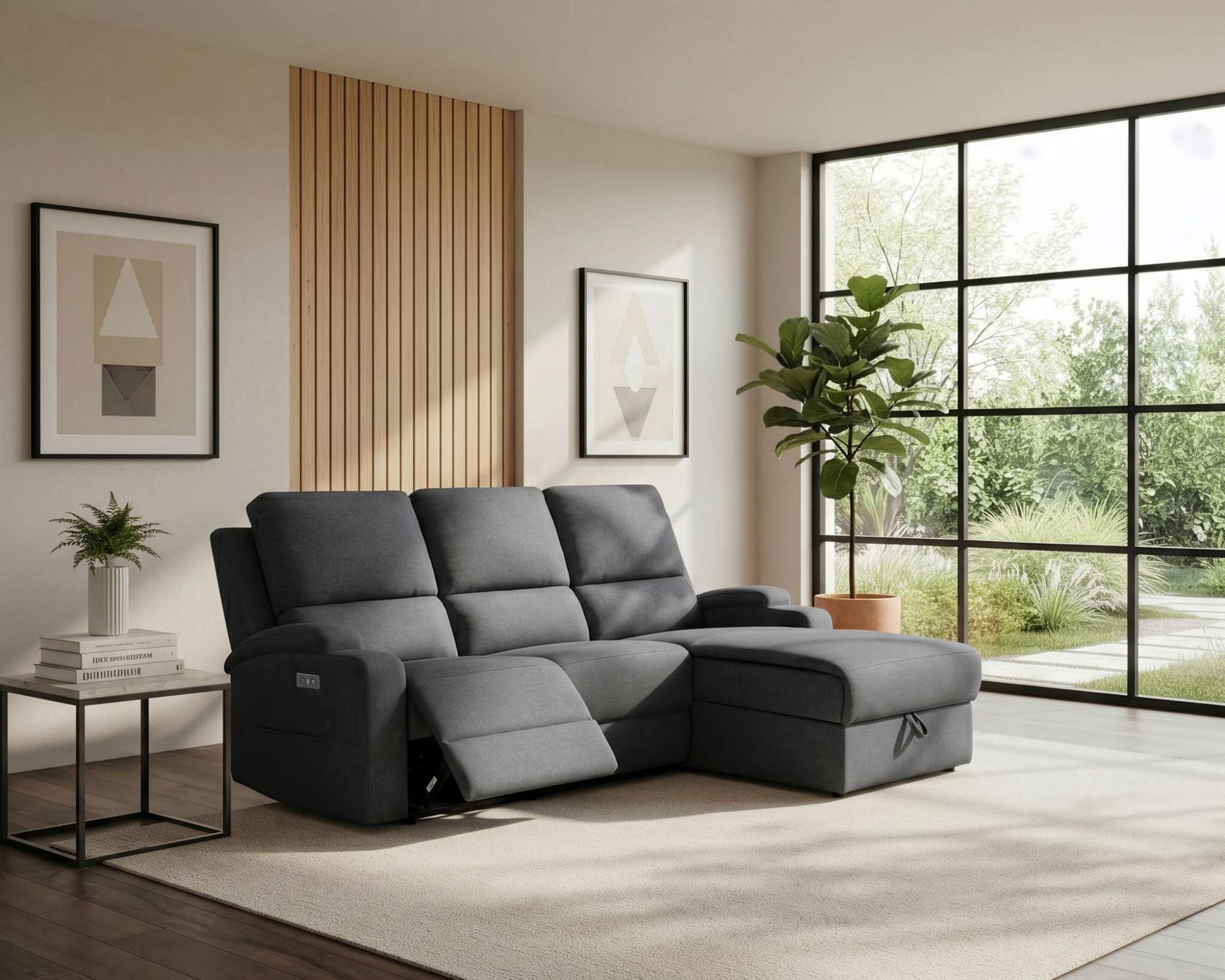 OTTO home Ecksofa "NAPORI Struktur-Bezug, L-Form, 210cm, man./elektr. Relaxfunktion" USB-A bei elektr. Variante, Staukasten, Seitentaschen u. Federkern