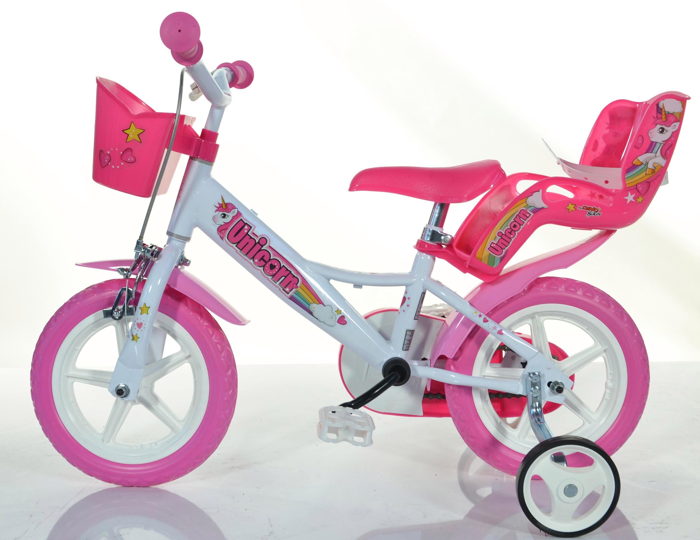 Dino Bikes Kinderfahrrad "12" Unicorn Einhorn stabiler Stahl-Rahmen, Stützräder, kindgerecht" 1 Gang mit Stützrädern, Korb und Puppensitz