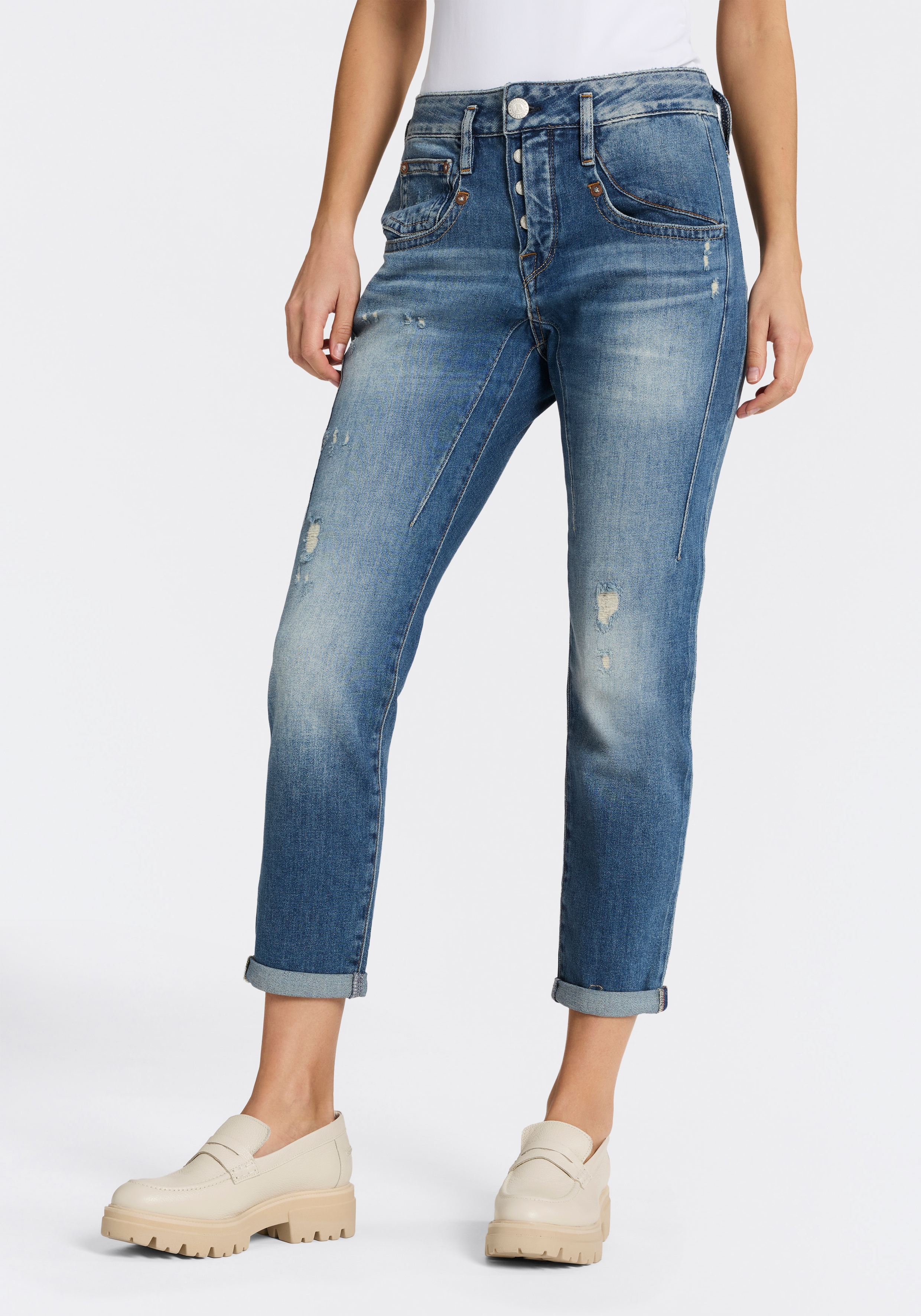 Herrlicher Boyfriend-Jeans "Shyra Cropped Denim Stretch" mit Abnähern, Umschlagsaum