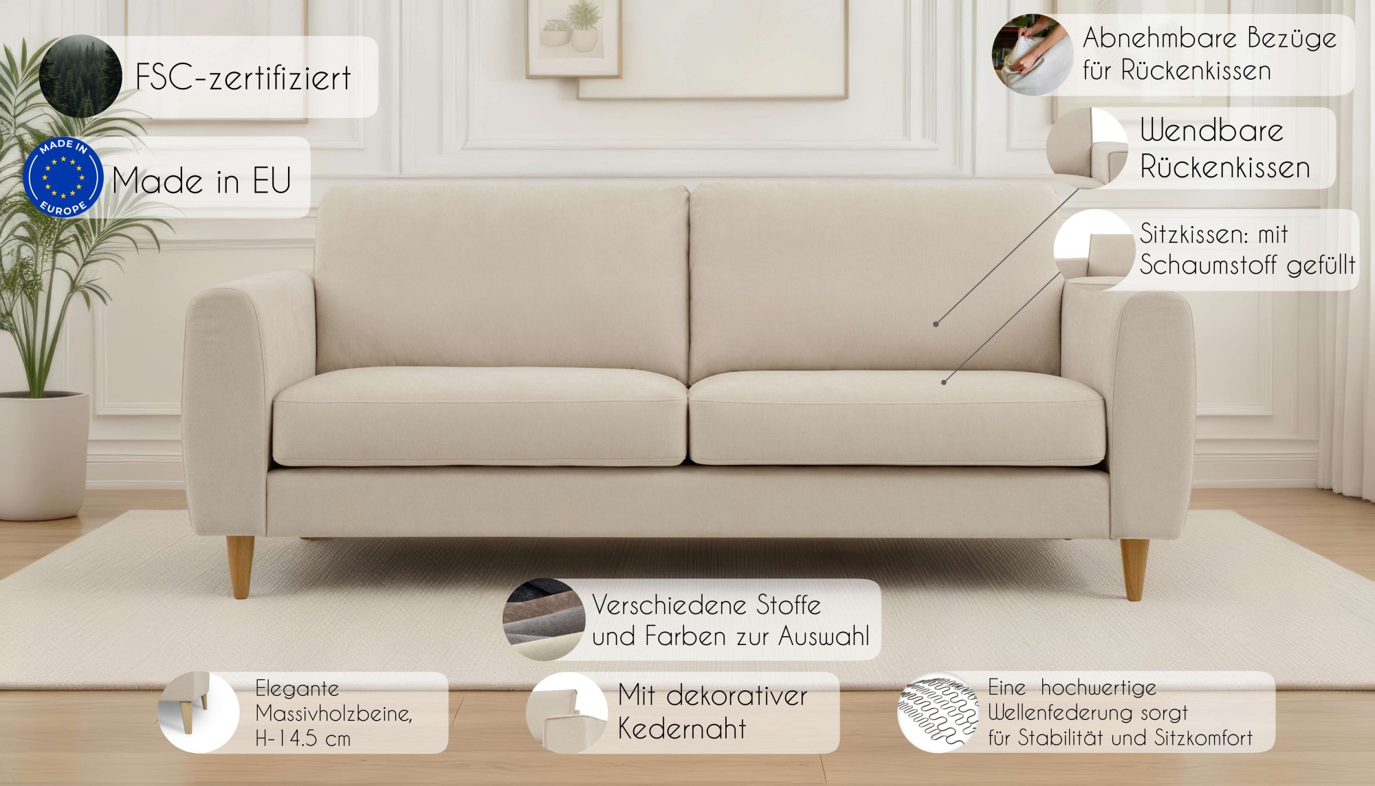 OTTO home 3-Sitzer »Finnian« 212 cm, Chenille-Bezug, Massivholzfüße mit eleganter Linienführung