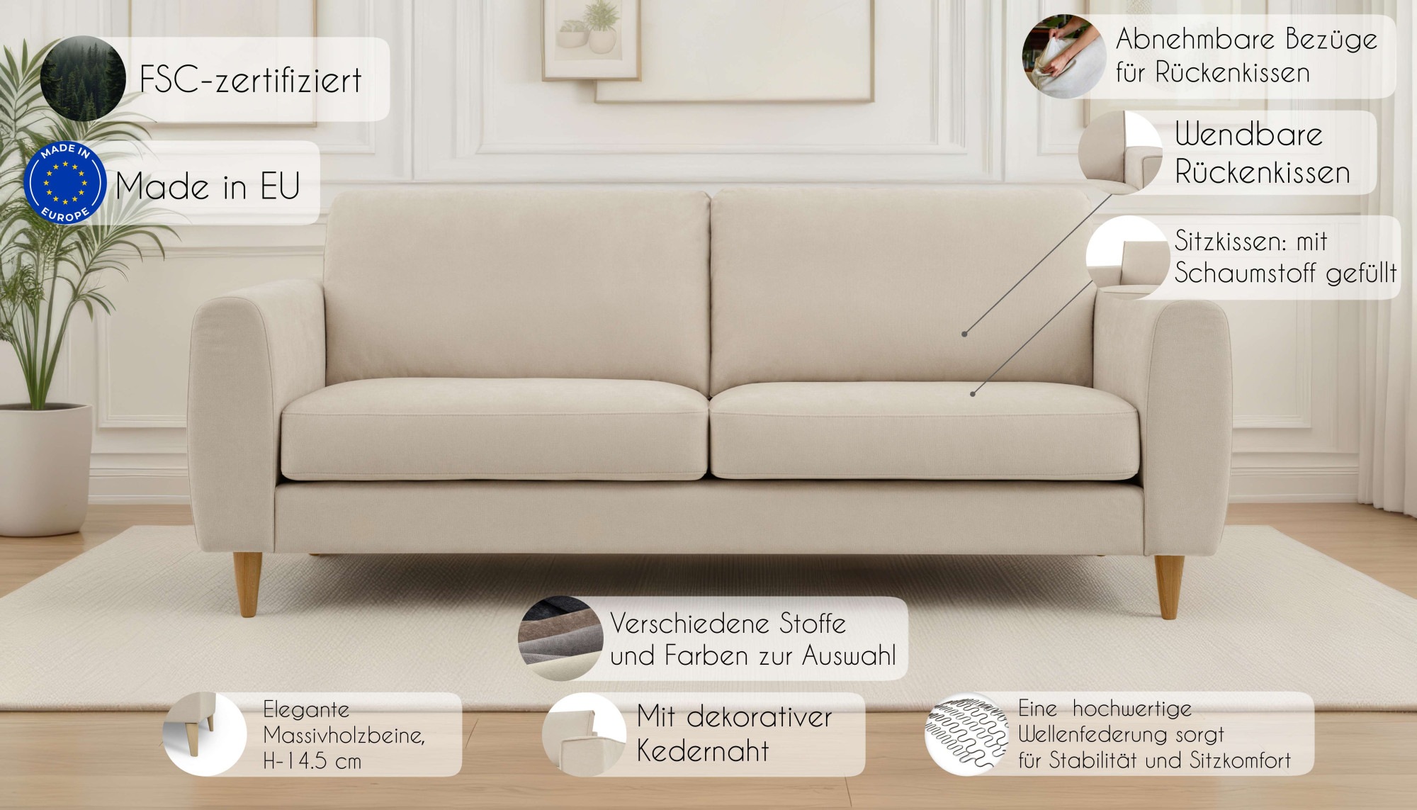 Thumbnail - OTTO home 3-Sitzer "Finnian" 212 cm, Chenille, elegante Massivholzfüße