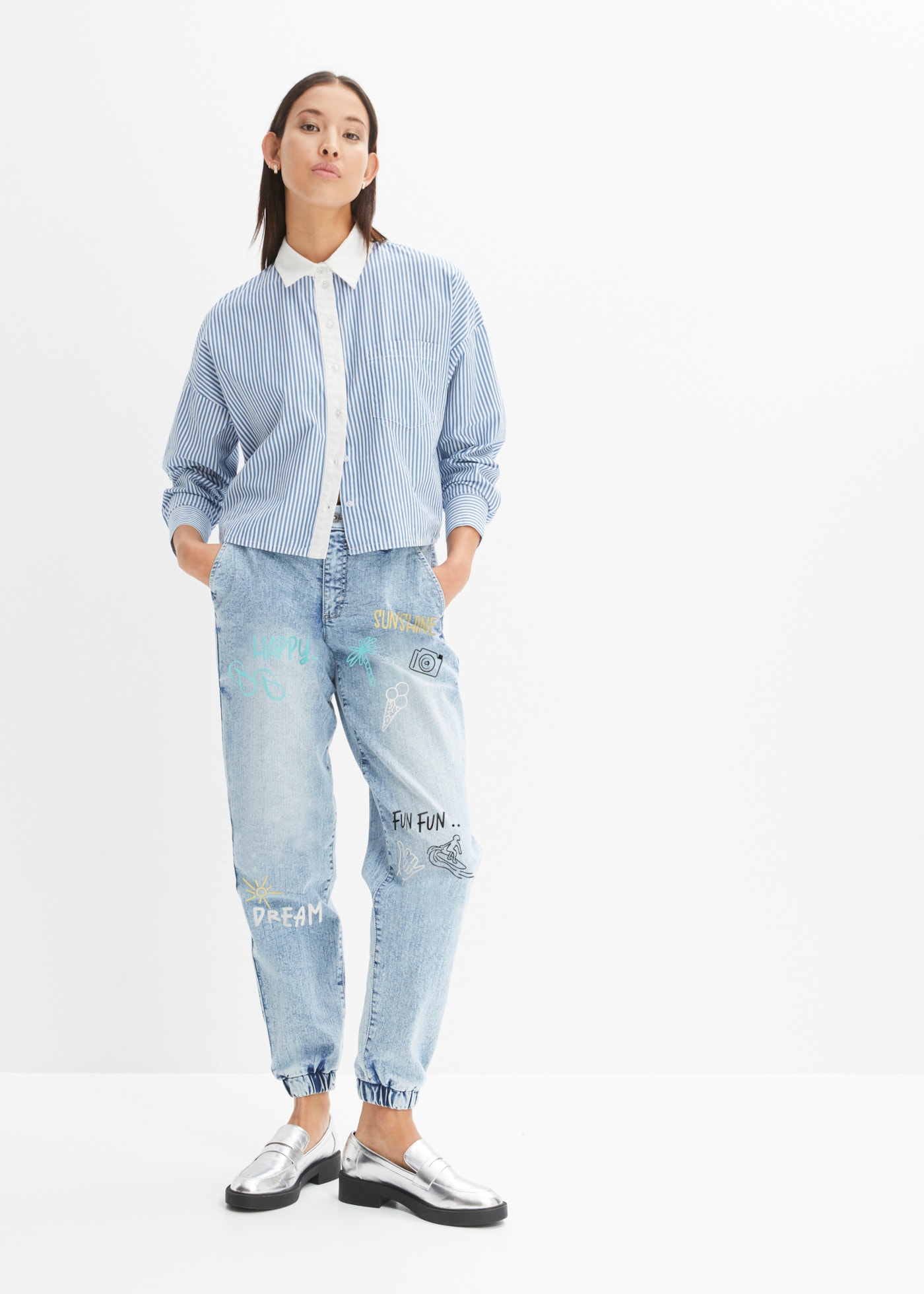 bonprix Loose-fit-Jeans mit sommerlichem Print, Barrel-Style, in verschiedenen Größen