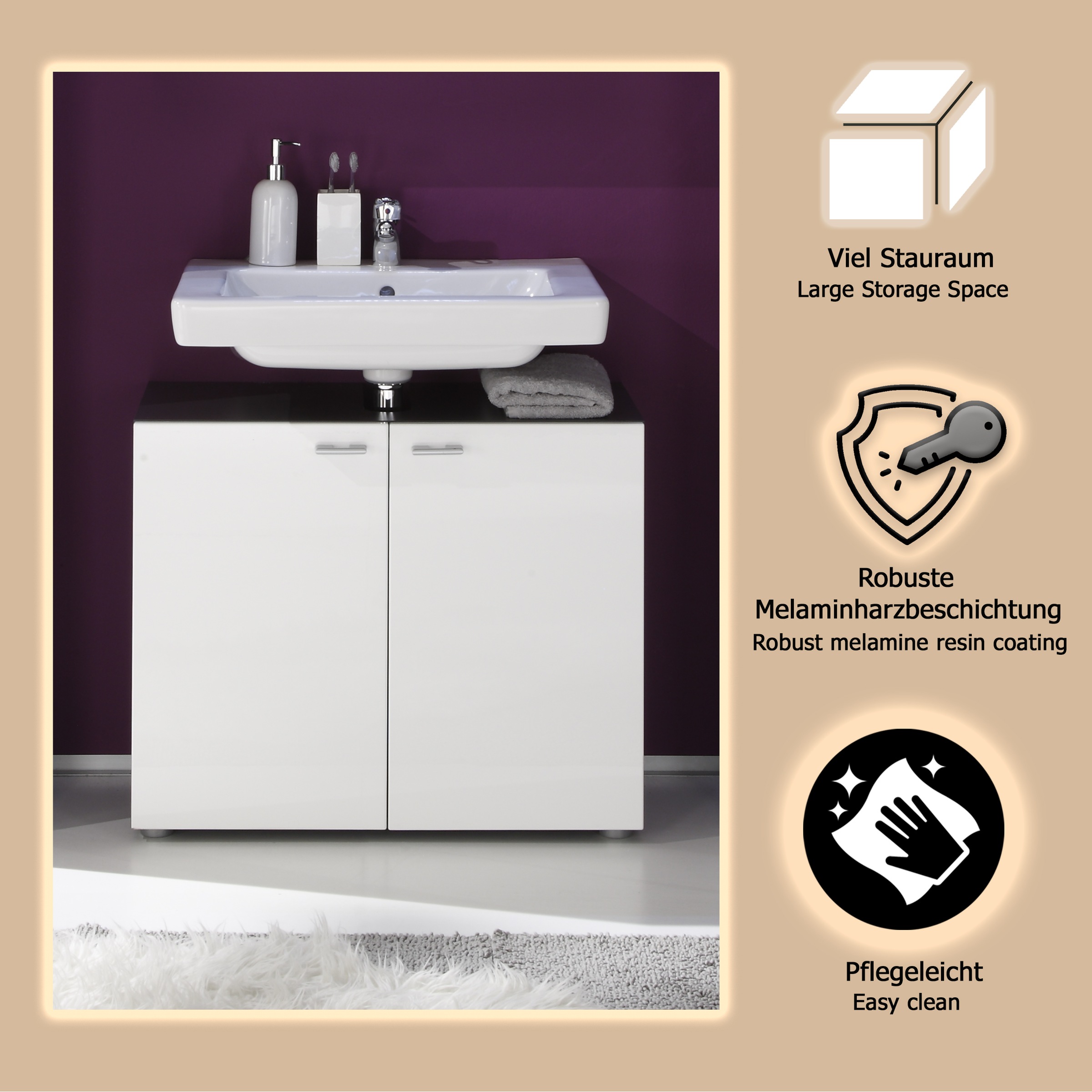 welltime Waschbeckenunterschrank »Tias« Waschbeckenunterschrank mit 2 Türen - (B/T/H) 72/35/63 cm