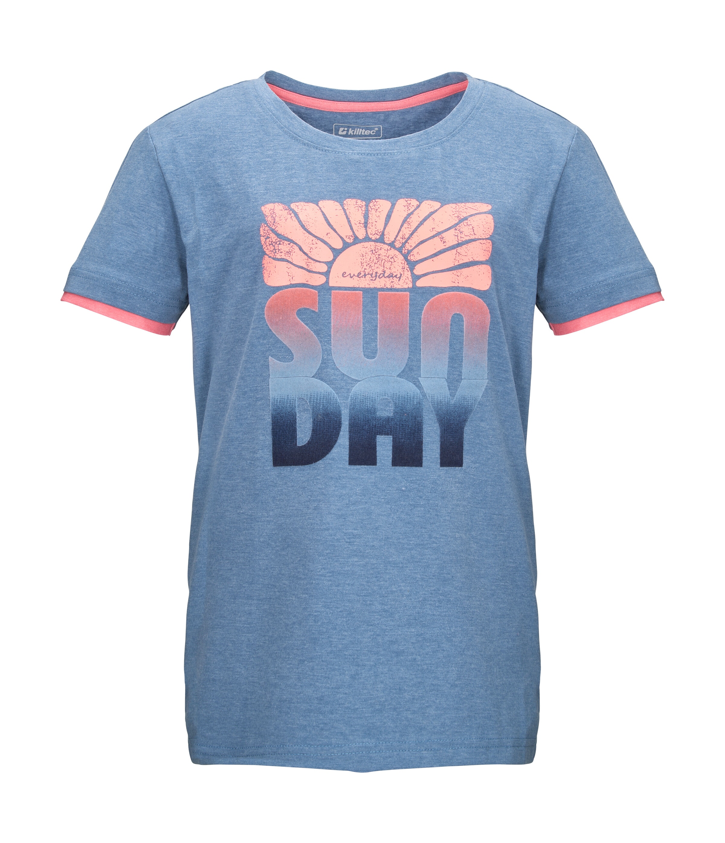 T-Shirt KILLTEC "KOS 133 GRLS TSHRT", Mädchen, Gr. 164, denim, Obermaterial: 65% Polyester, 30% Baumwolle, 5% Elasthan, Rundhals, Shirts T-Shirt, Farbenfrohes Mädchen-T-Shirt mit „Sunday“-Print