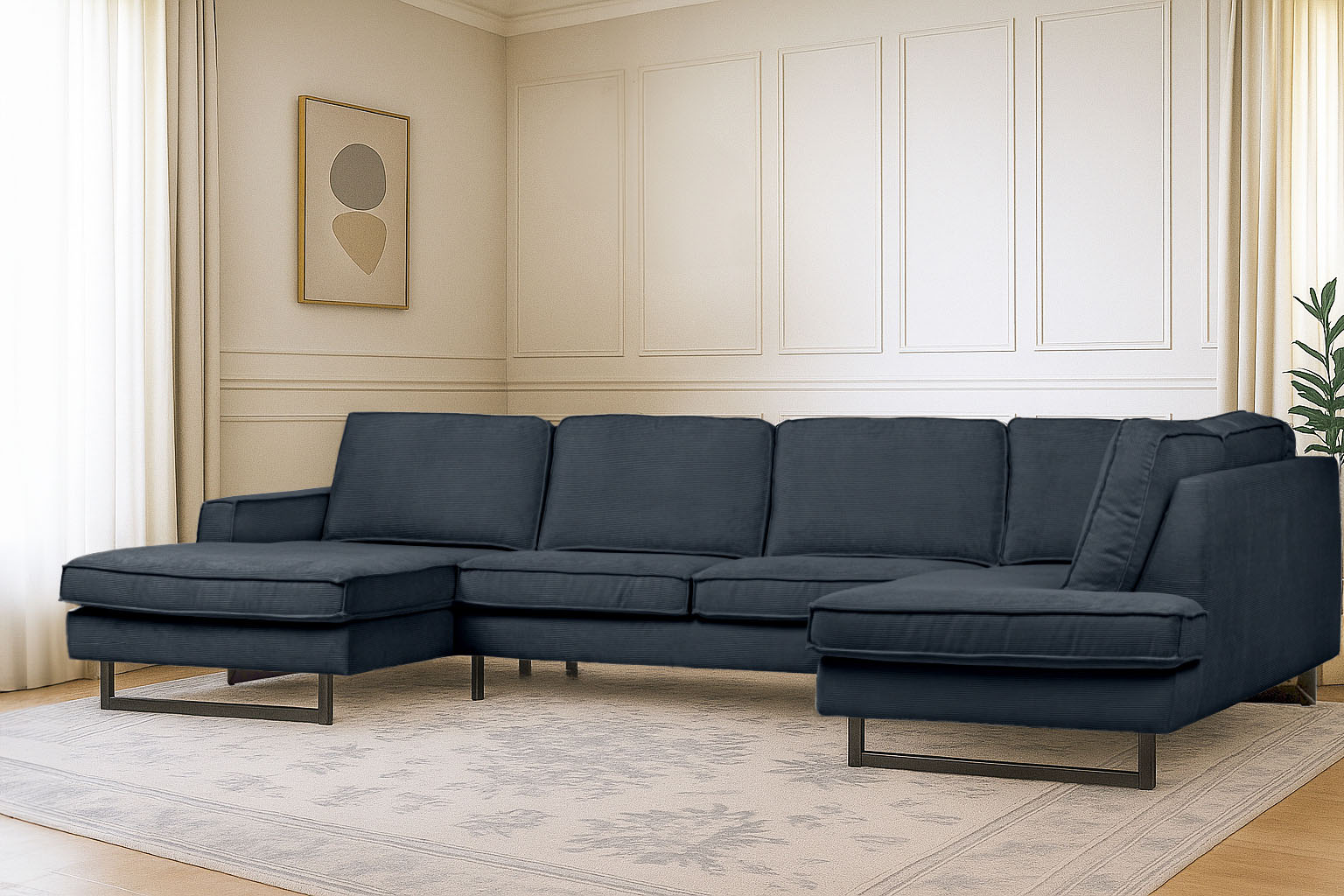 OTTO home Wohnlandschaft "Pinto, 350 cm, U-Form, XXL, mit Ottomanen" Cord, Chenille, Lederoptik, mit Keder, Metallfüße, Wellenunterfederung