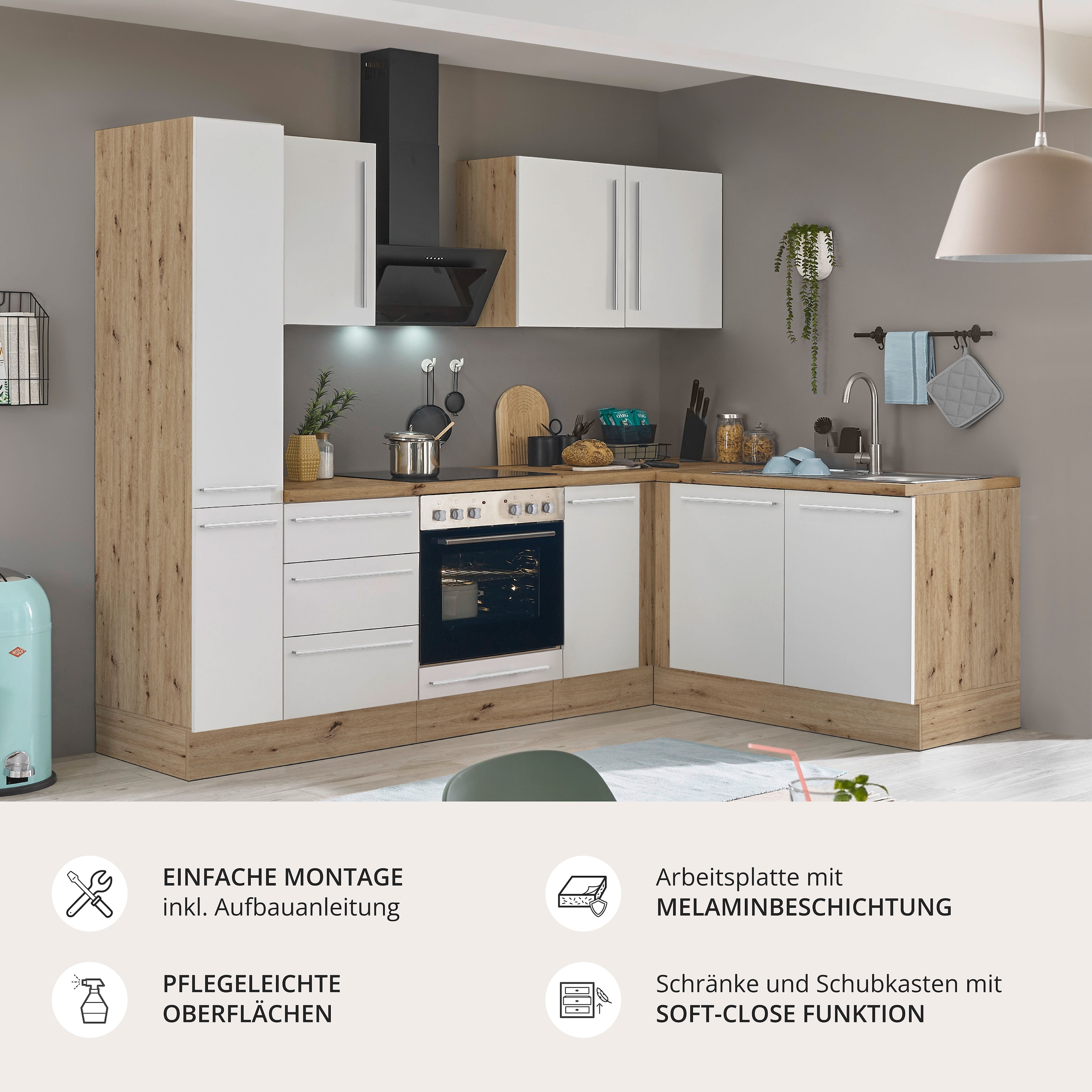 KOCHSTATION Winkelküche »Florida, Stellbreite 240x165 cm« wahlweise mit E-Geräten, mit Softclose für Türen und Schubkästen