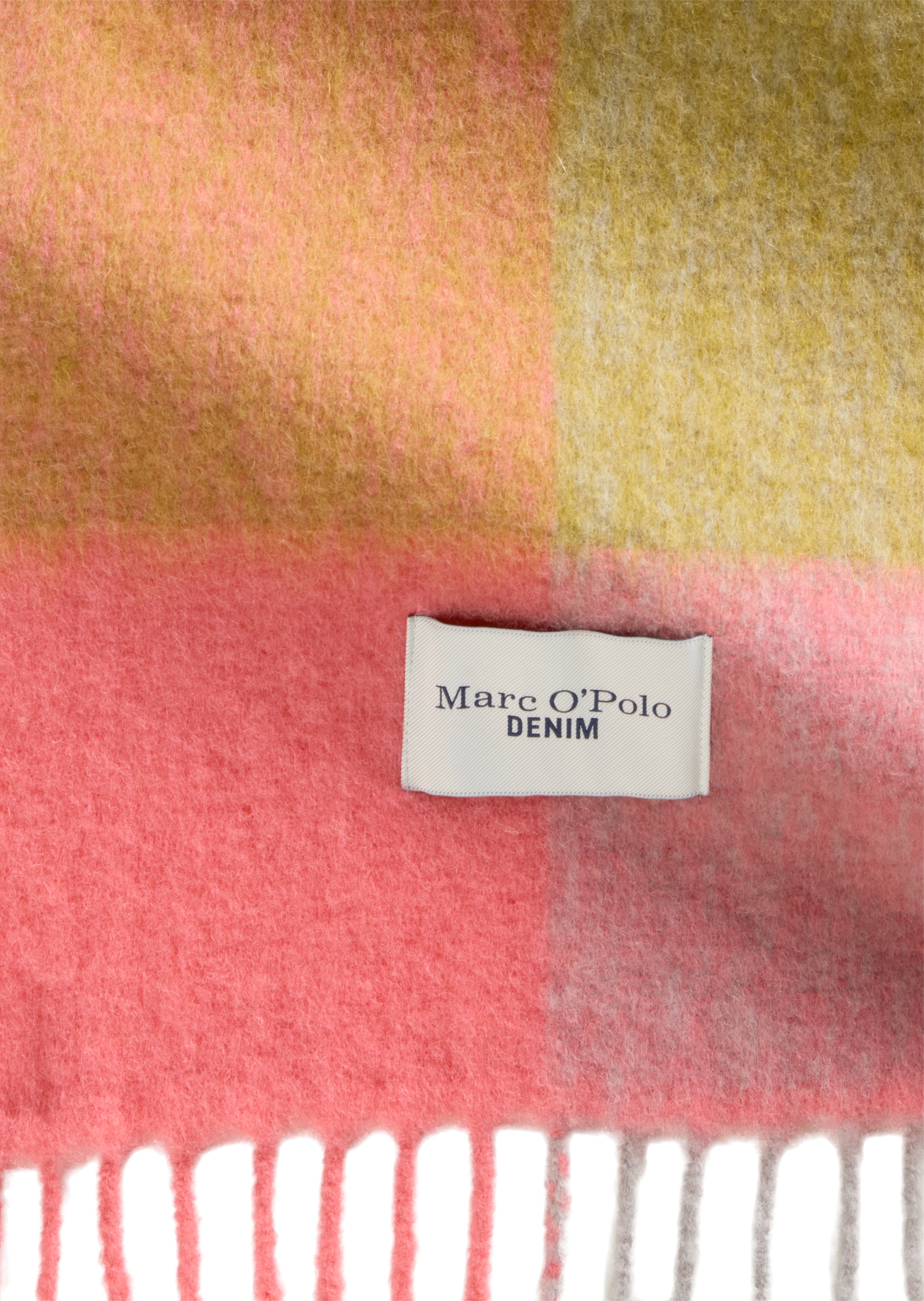Marc O'Polo DENIM Schal, raffiniertes Streifen-Karo-Muster, lange Fransen