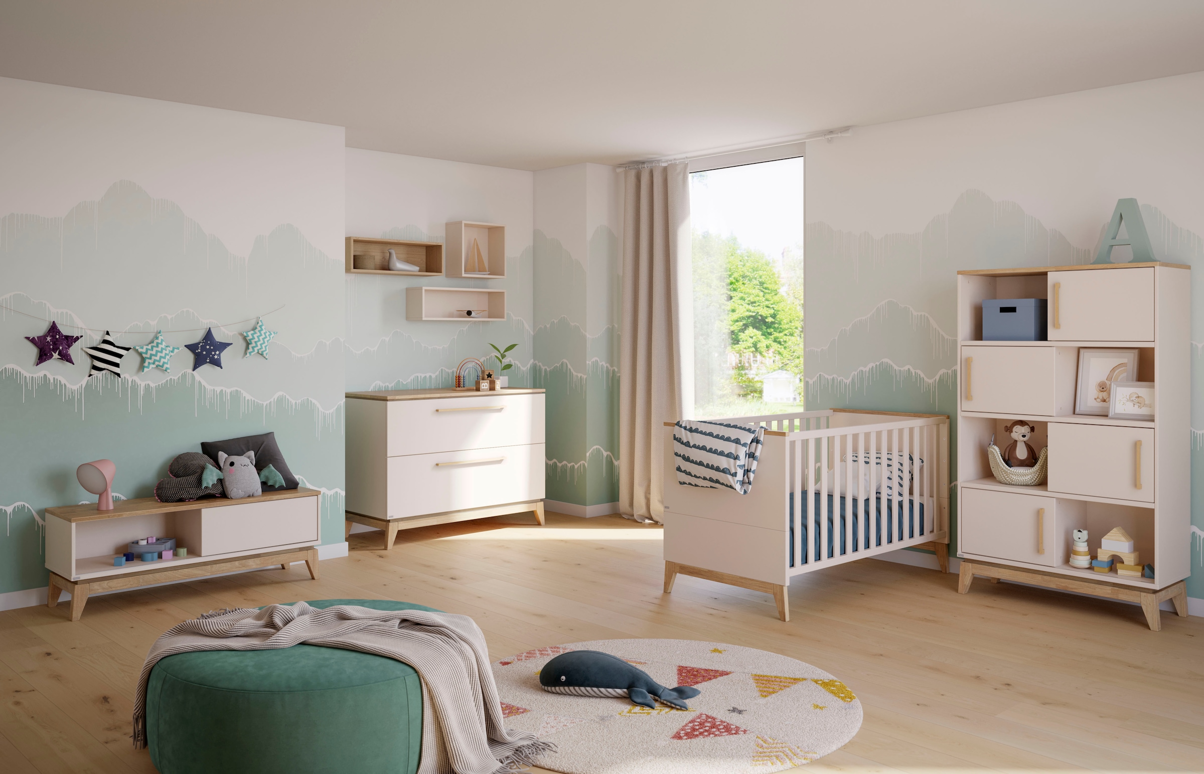 PAIDI Lowboard »STIENE in Beige oder Grau, 2 Fächer, Schiebetüre mit Soft-Close« B/H/T ca. 124/47/40cm,  stabiles Lowboard mit Massivholz, Sitzfunktion, TV-Board