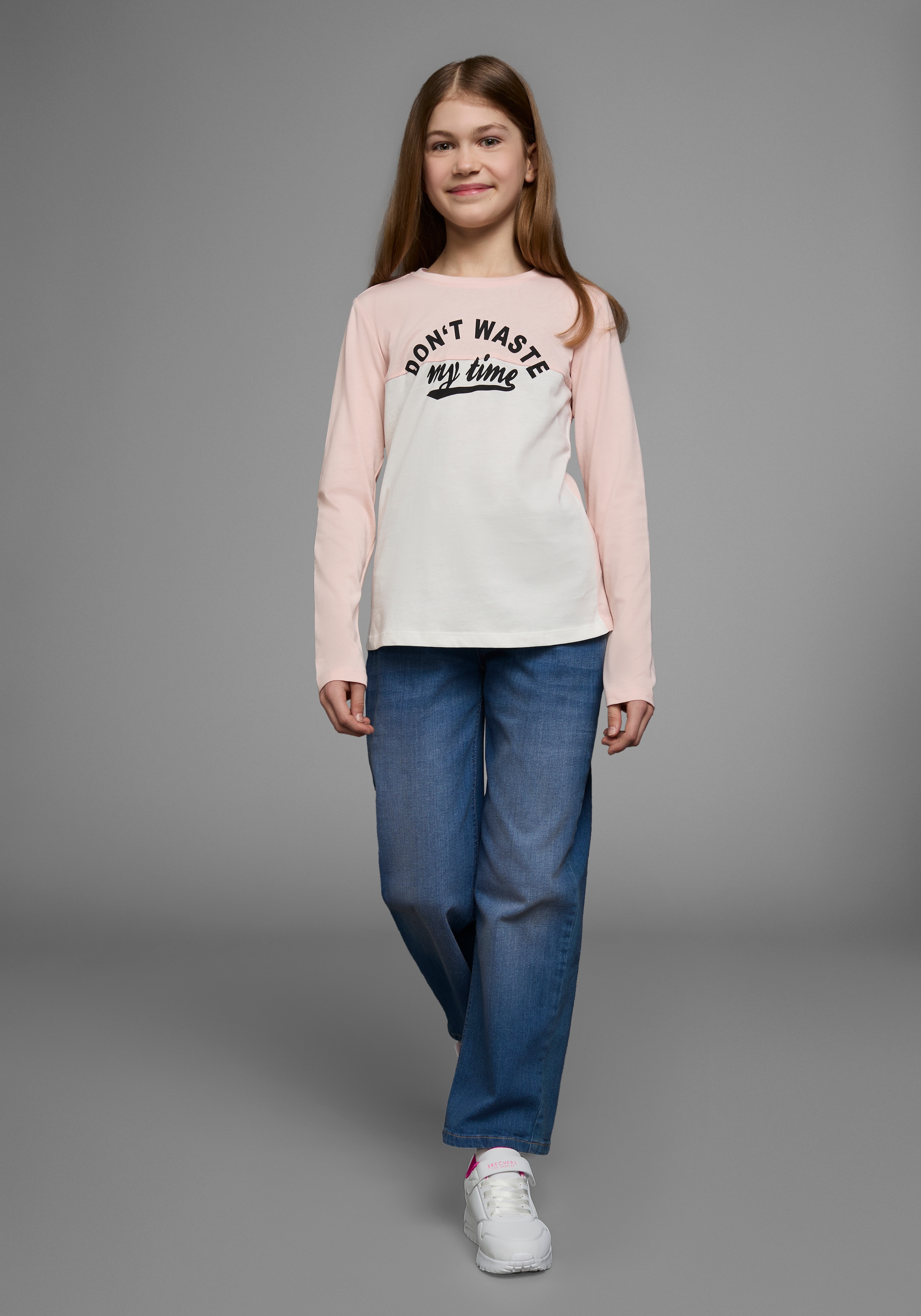 KIDSWORLD Langarmshirt »Mit Sprüche-Druck: Don´t waste my time«, Langarm, Basic-Passform, Colourblocking-Optik, Rundhalsausschnitt