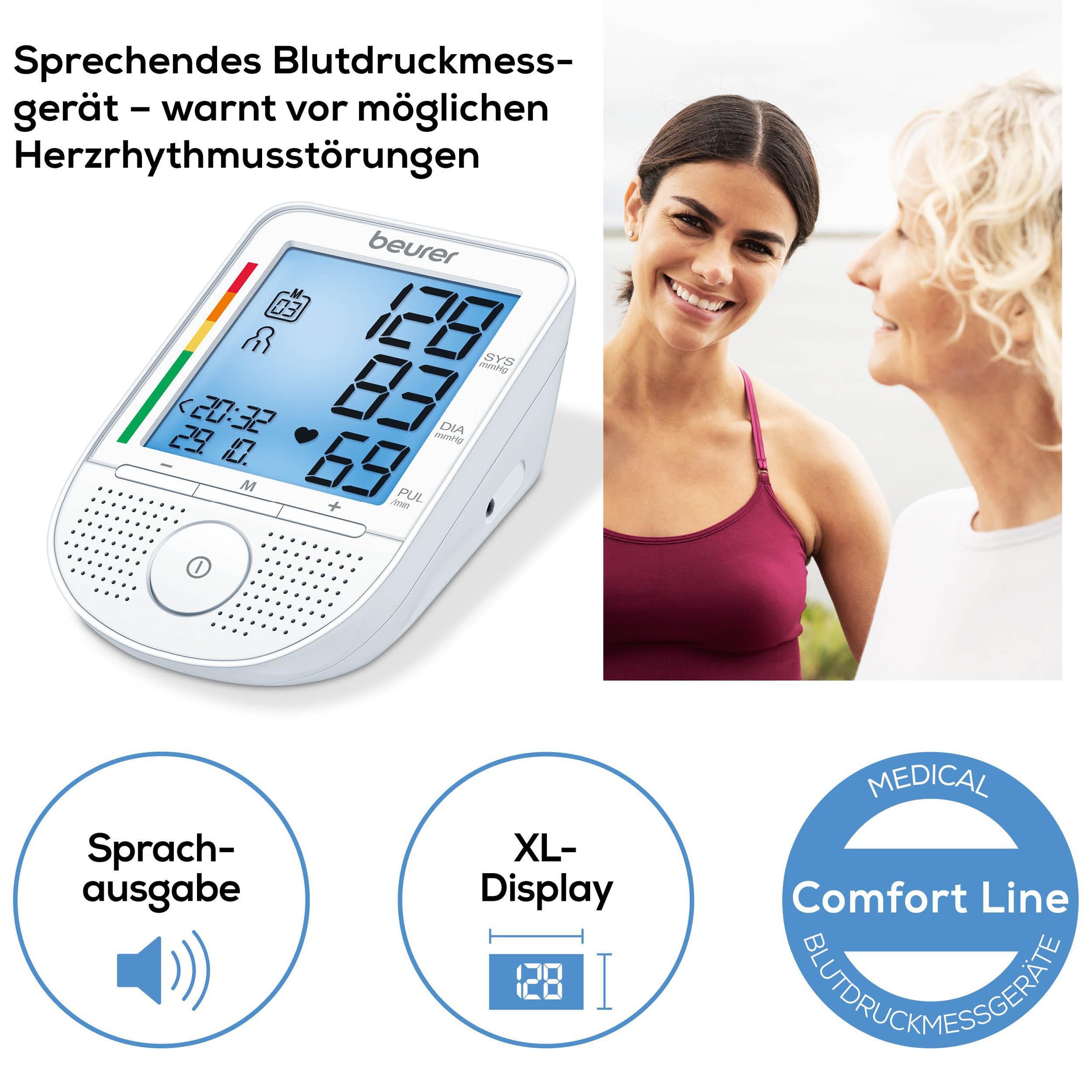 BEURER Oberarm-Blutdruckmessgerät »BM 49 mit Sprachausgabe in DE, FR, IT, NL«, Mit Arrhythmie-Erkennung, inkl. Aufbewahrungstasche und Blutdruckpass