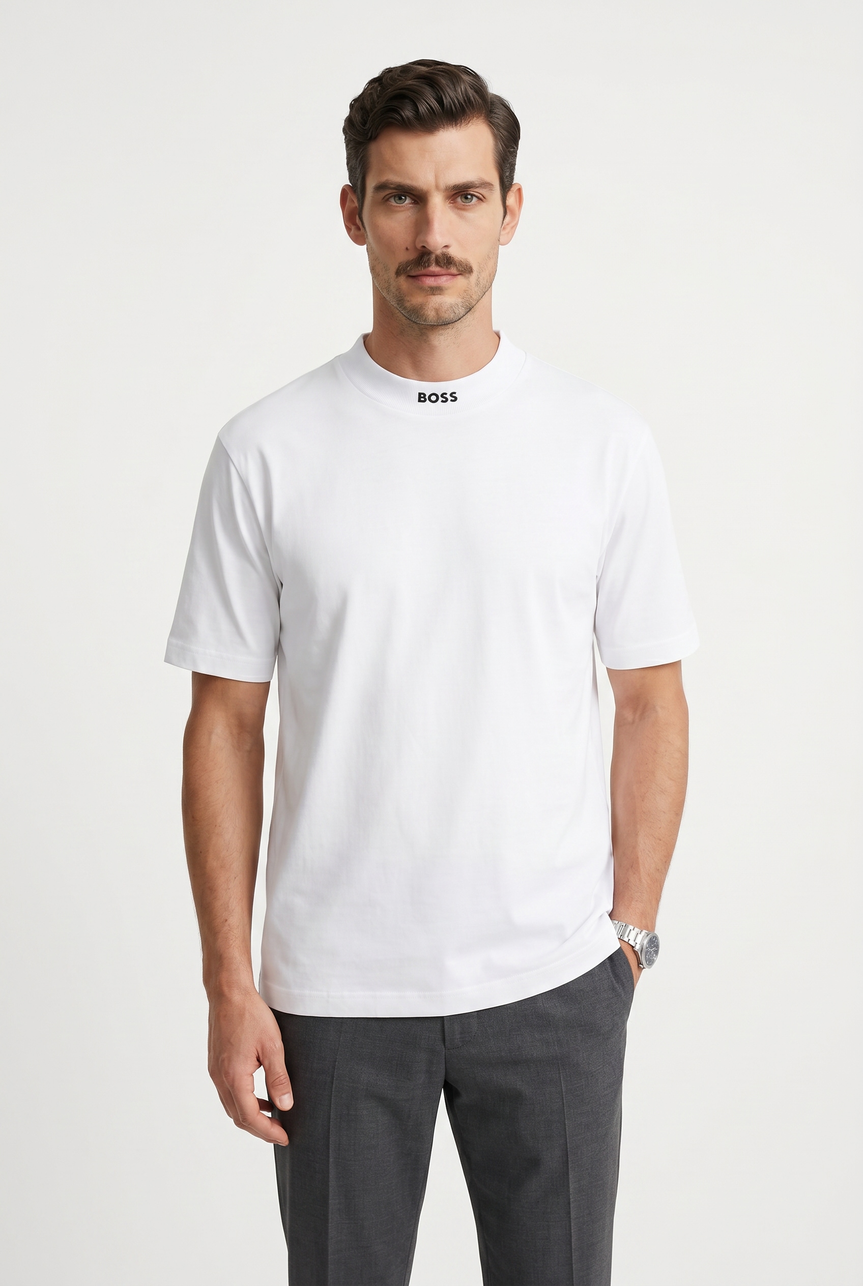 BOSS GREEN "Tee Collar Relaxed Fit" Stretch Jersey Baumwolle, Logo Centered, Rundhals