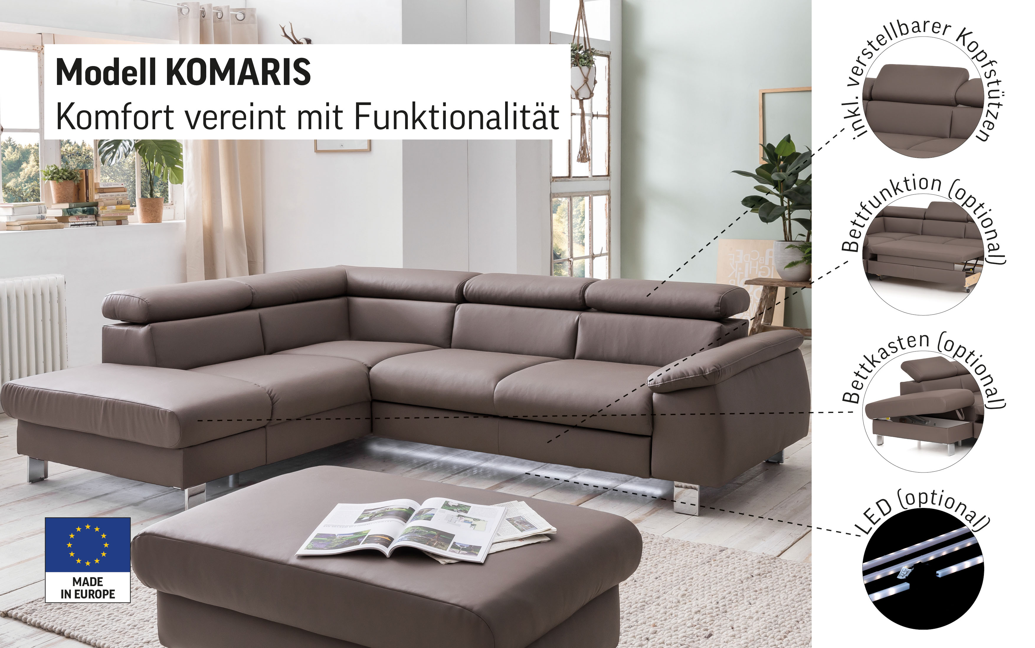 Thumbnail - COTTA Ecksofa "Komaris L-Form mit Kopfteilverstellung", wahlweise mit Bettfunktion, Bettkasten & Beleuchtung
