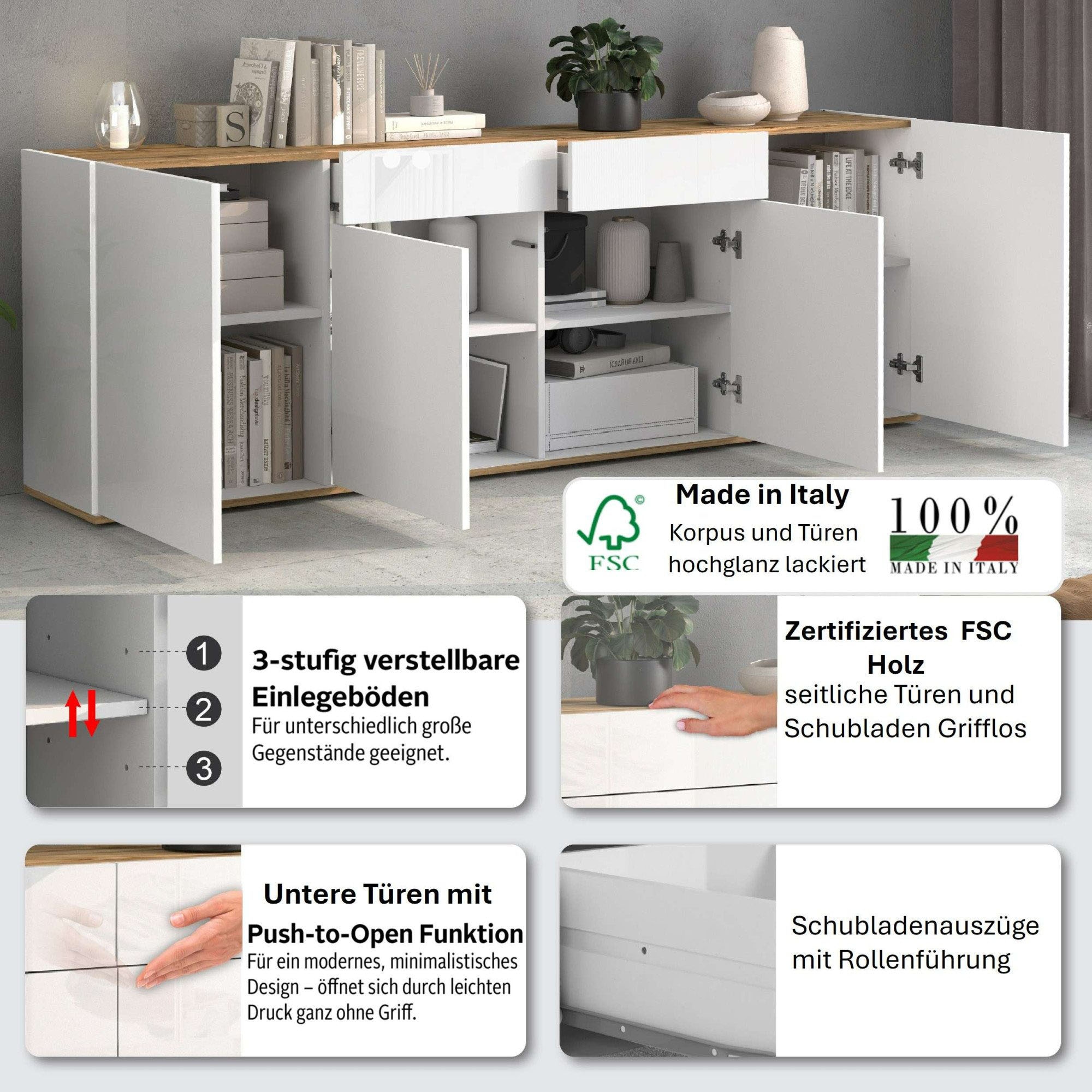 INOSIGN Sideboard »GARDA Sideboard,Kommode, Schrank, Kredenz Grifflos mit Push to Open«, (1 St.), 4 Türen, 2 Schubladen, grifflos Breite 200 cm