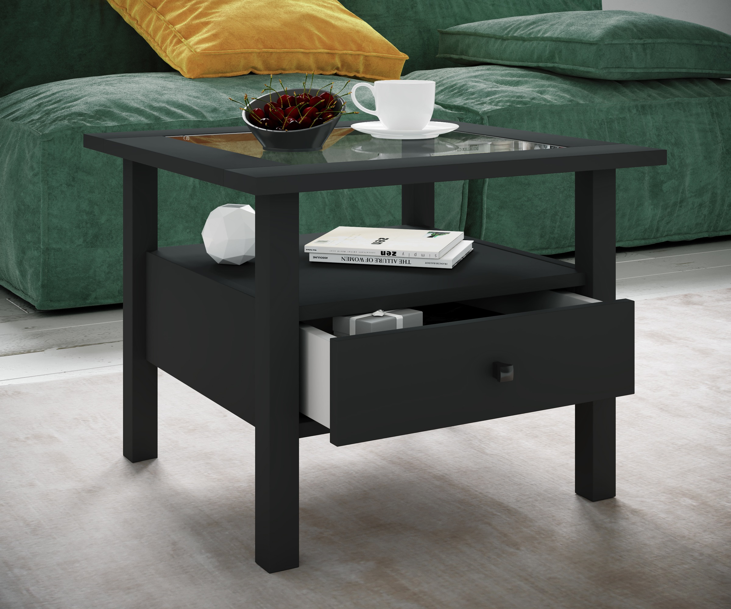 VCM Couchtisch »VCM Holz Beistelltisch mit ESG-Sicherheitsglas | Couchtisch schlicht | Maße ca. H. 42 x B. 54 x T. 54 cm | Wohnzimmertisch mit Schublade | Sofatisch - Lingis M«, (Lingis)