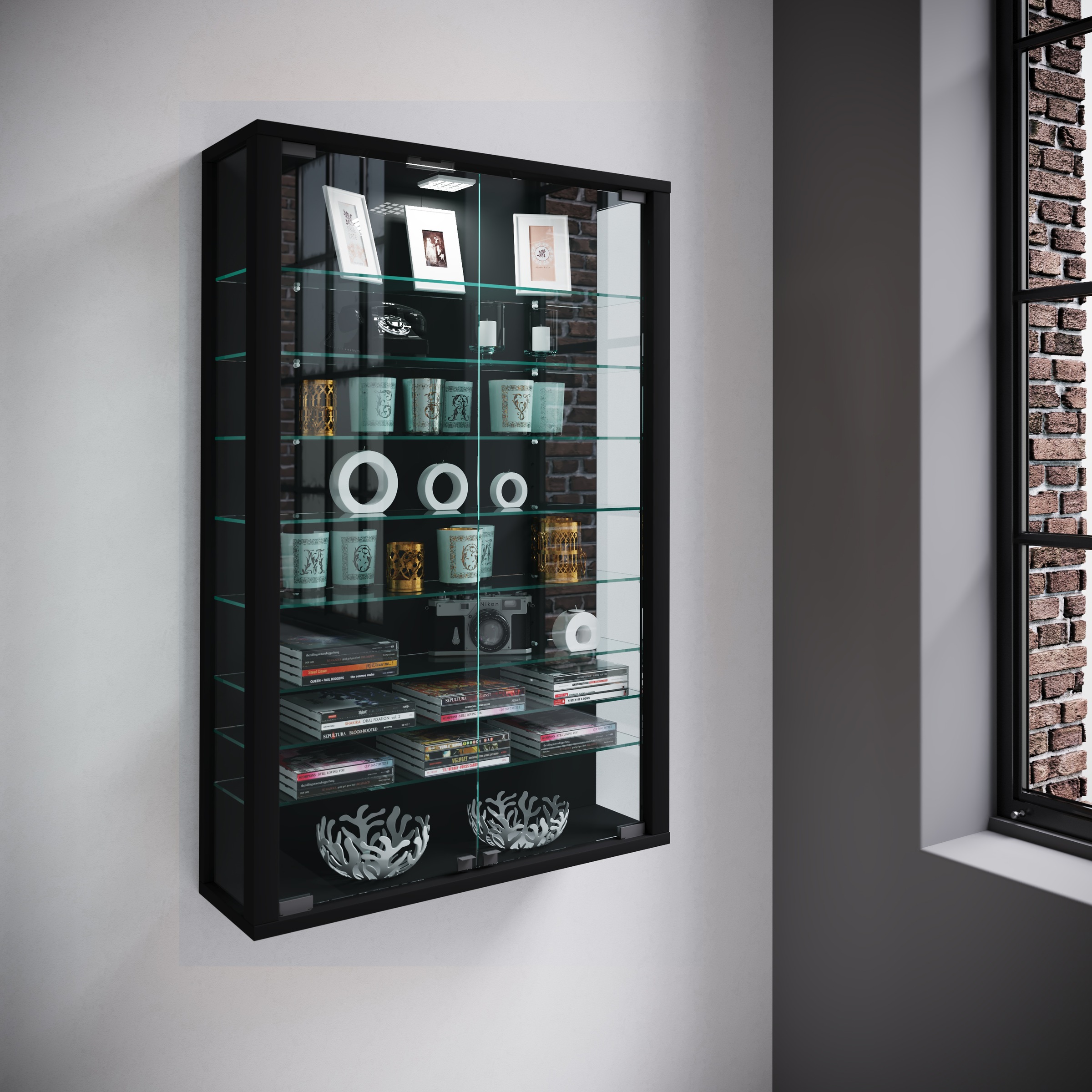 VCM Wandregal »VCM Glasvitrine hängend | Vitrine Glas mit ESG-Sicherheitsglas | Maße: H. 91 x B. 59 x T. 18 cm | Hängevitrine Glas | Modern und platzsparend | Glas Vitrinenschrank - Vitrosa Mini«