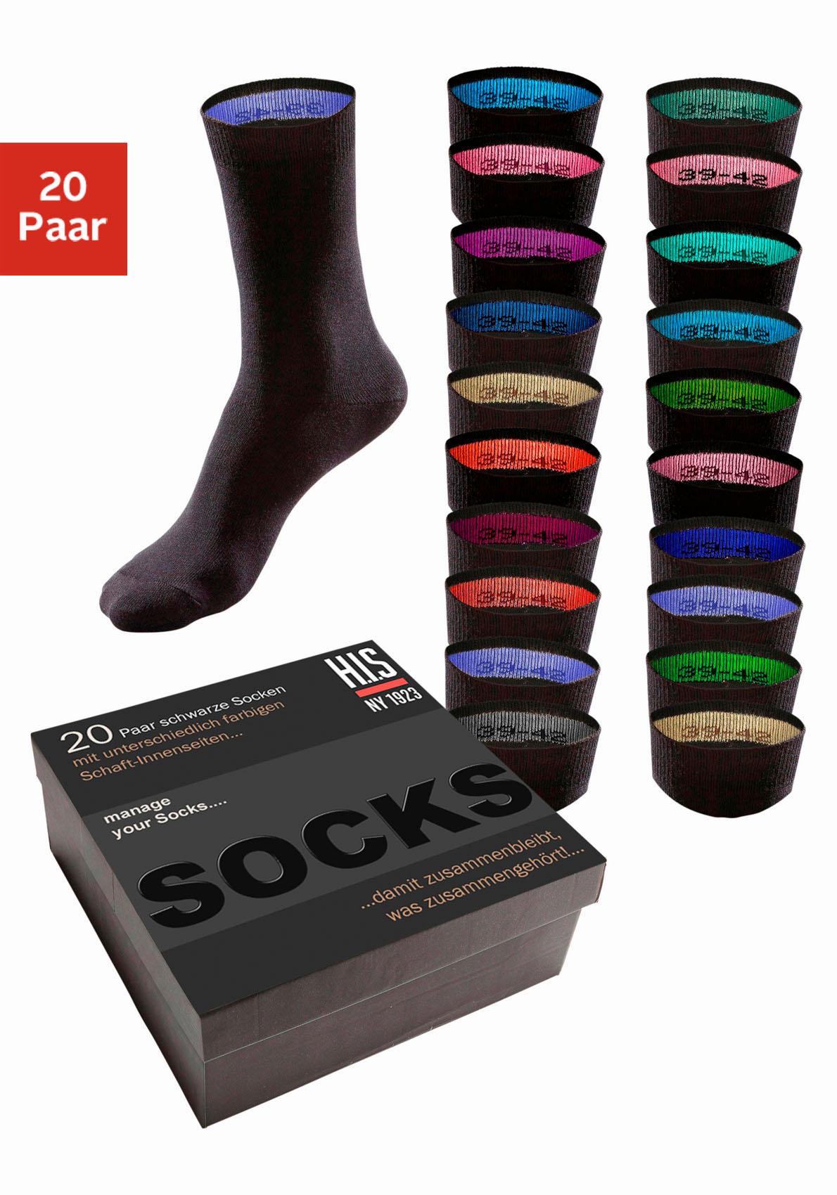 H.I.S Socken "für Damen und Herren, perfekt zu sortieren mit farbigem Innenbündchen." Box, 20 Stk. tlg. in praktischer Geschenkbox, für Beruf und Freizeit
