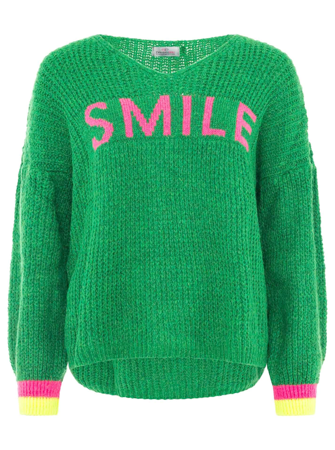 Zwillingsherz Strickpullover »"Smile"« Langarm, One Size, V-Ausschnitt, Neon-Details, Schriftzug