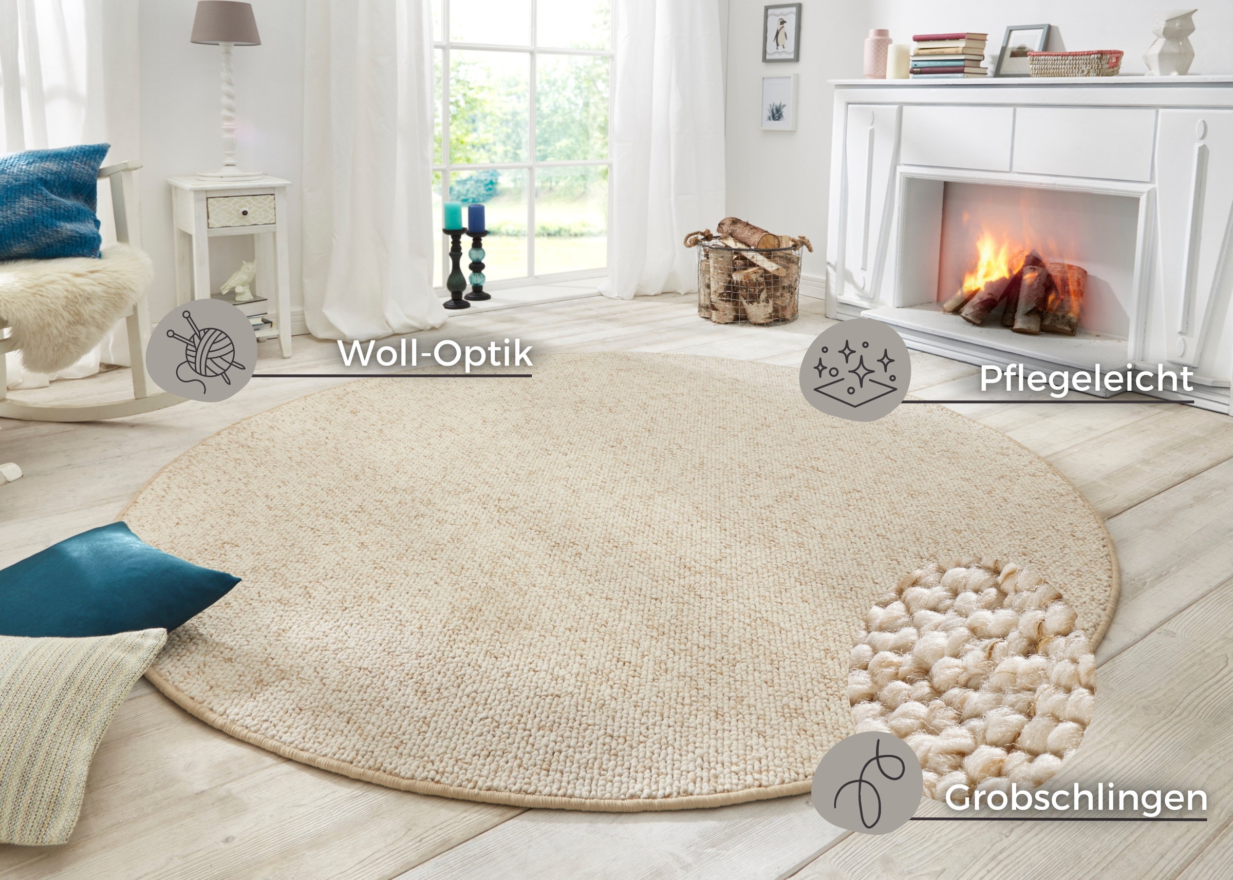 HANSE Home Teppich »Wolly 2«, rund, 12 mm Höhe, Flachgewebe, Skandi, Woll-Optik, Esszimmer, Wohnzimmer, Flur