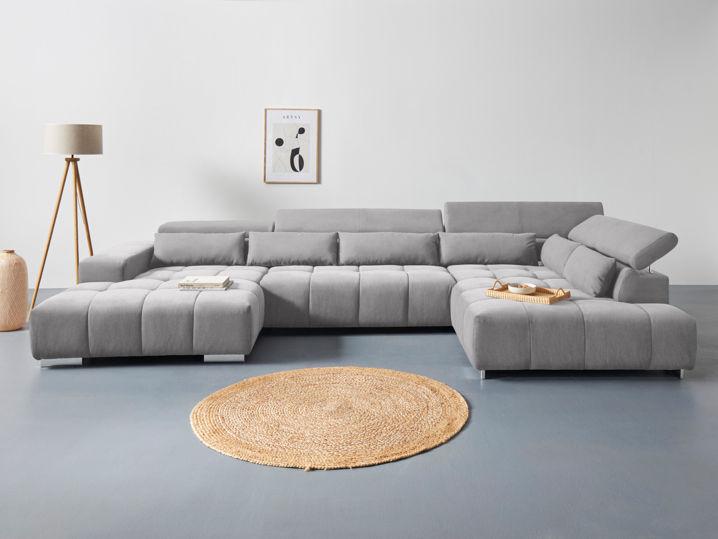 COTTA Wohnlandschaft "Orion U-Form XXL, B: 409 cm, bequeme Wellenunterfederung, top modern" mit Kopfteilverstellung & 6 Nierenkissen