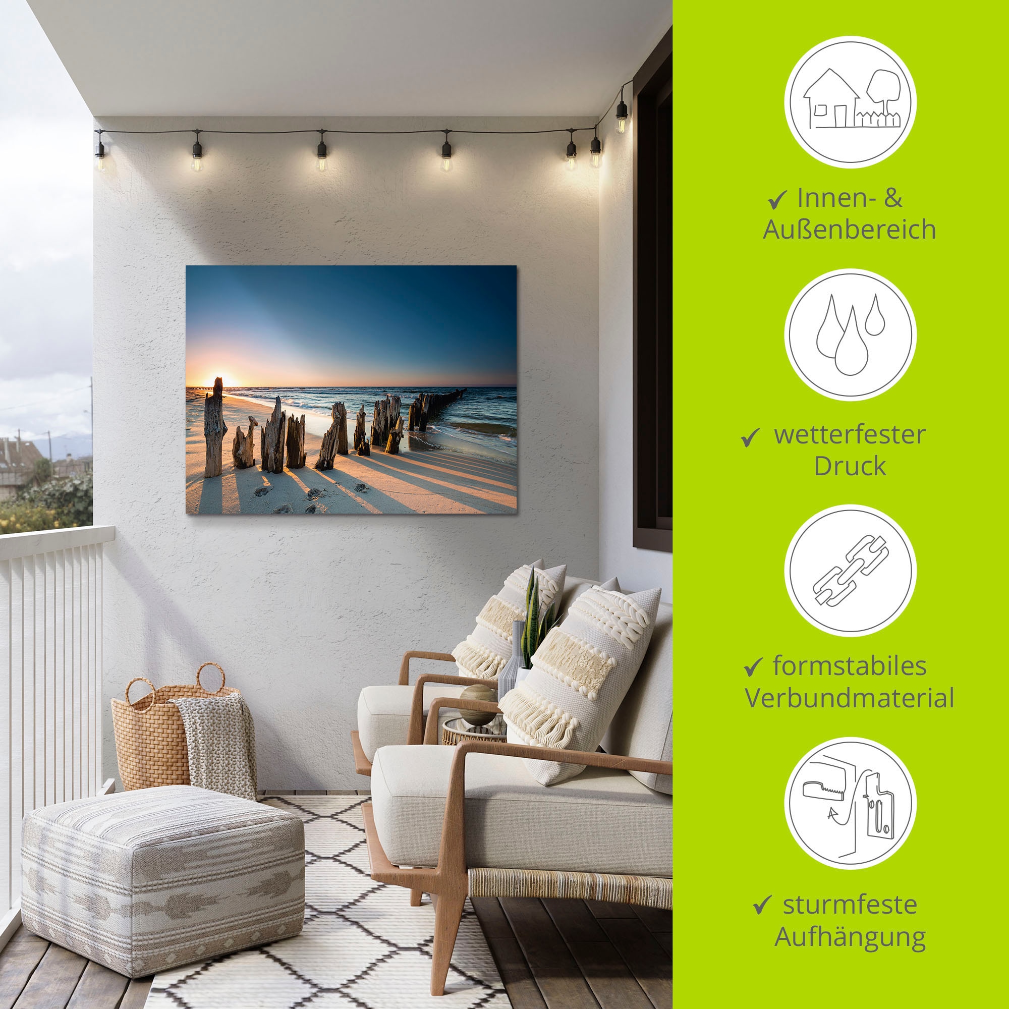Artland Wandbild »Sonnenuntergang Strand Wellenbrecher«, Meer Bilder, (1 St.), als Alubild, Outdoorbild, Leinwandbild, Poster, Wandaufkleber