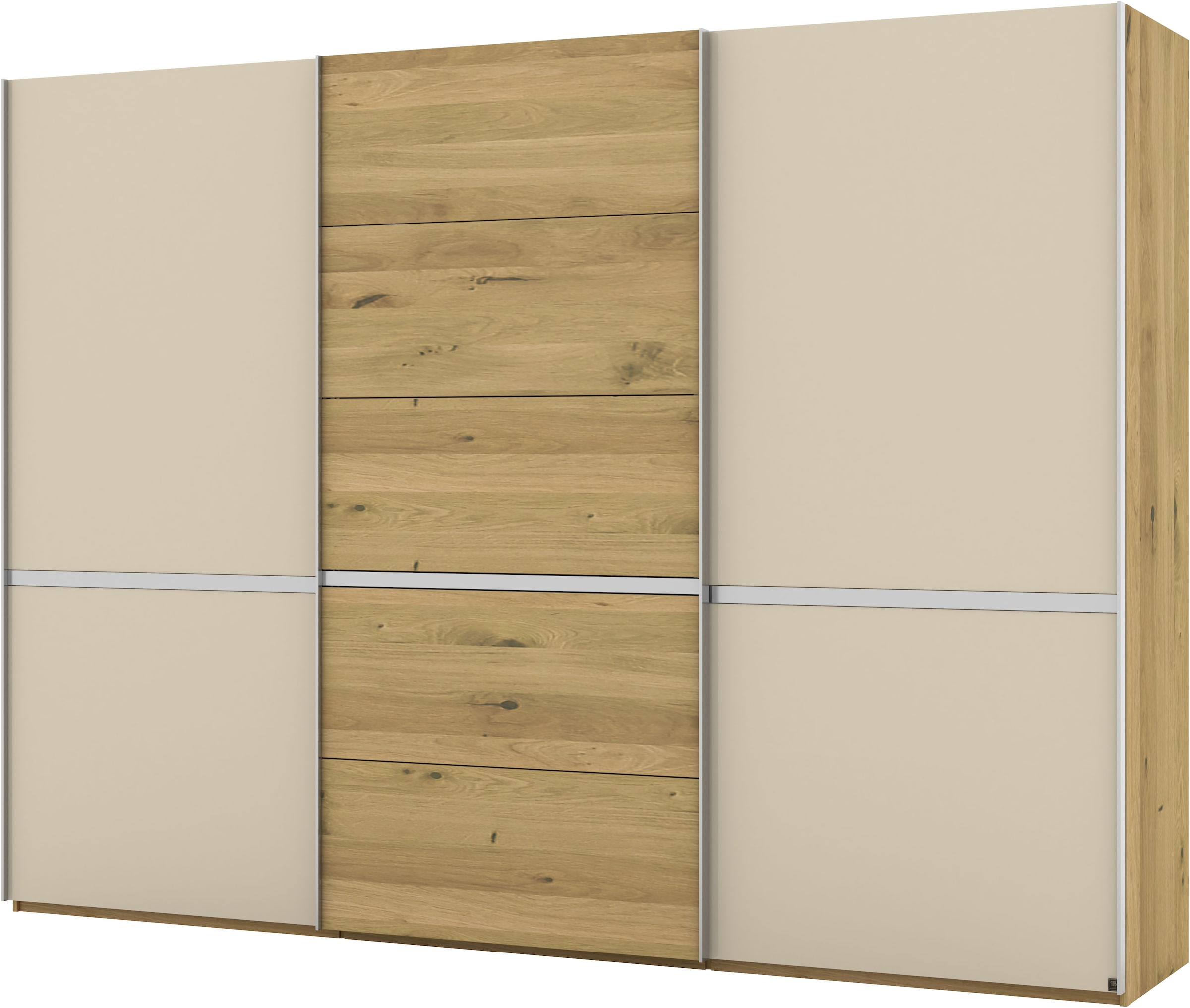 Musterring Schwebetürenschrank »Savona, Kleiderschrank, Schrank, Garderobe, mit Schiebetüren«, (Teilmassiv Bianco-Eiche, mit Spiegel oder Glas, MADE IN GERMANY), Türen Bianco-Eiche massiv, Spiegel-/Glastüren, eingelegte Chromleiste