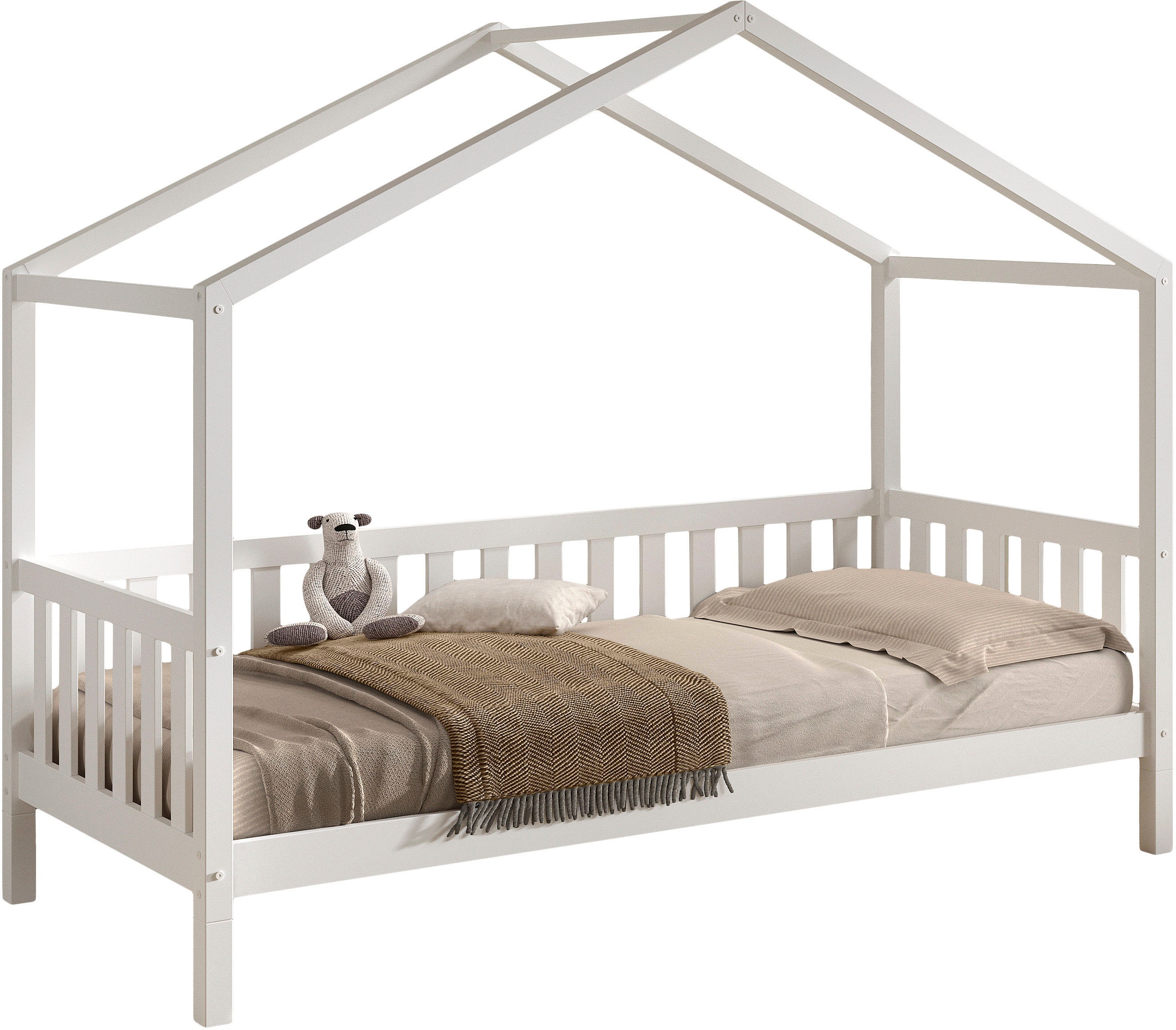 Vipack Hausbett "Dallas, Massivholzbett mit Dachaufbau umbaubar vom Boden- zum Daybett" inkl. Rolllattenrost und Sprossenumrandung, 90 oder 140x200 cm breit, stabil und standfest gebaut, wahlweise Kiefer massiv natur oder weiß