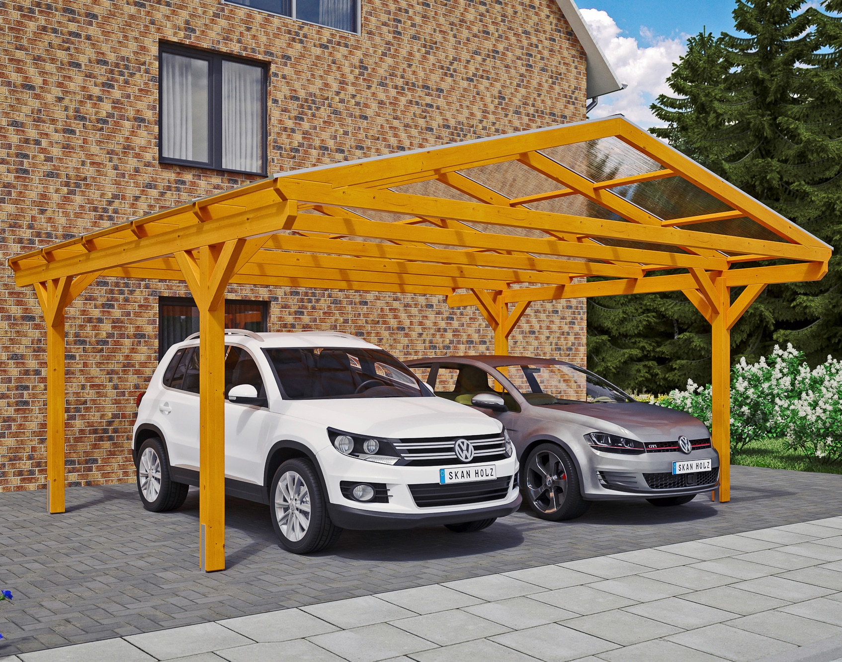 Skanholz Doppelcarport "Westerwald" Leimholz 534 cm hellbraun