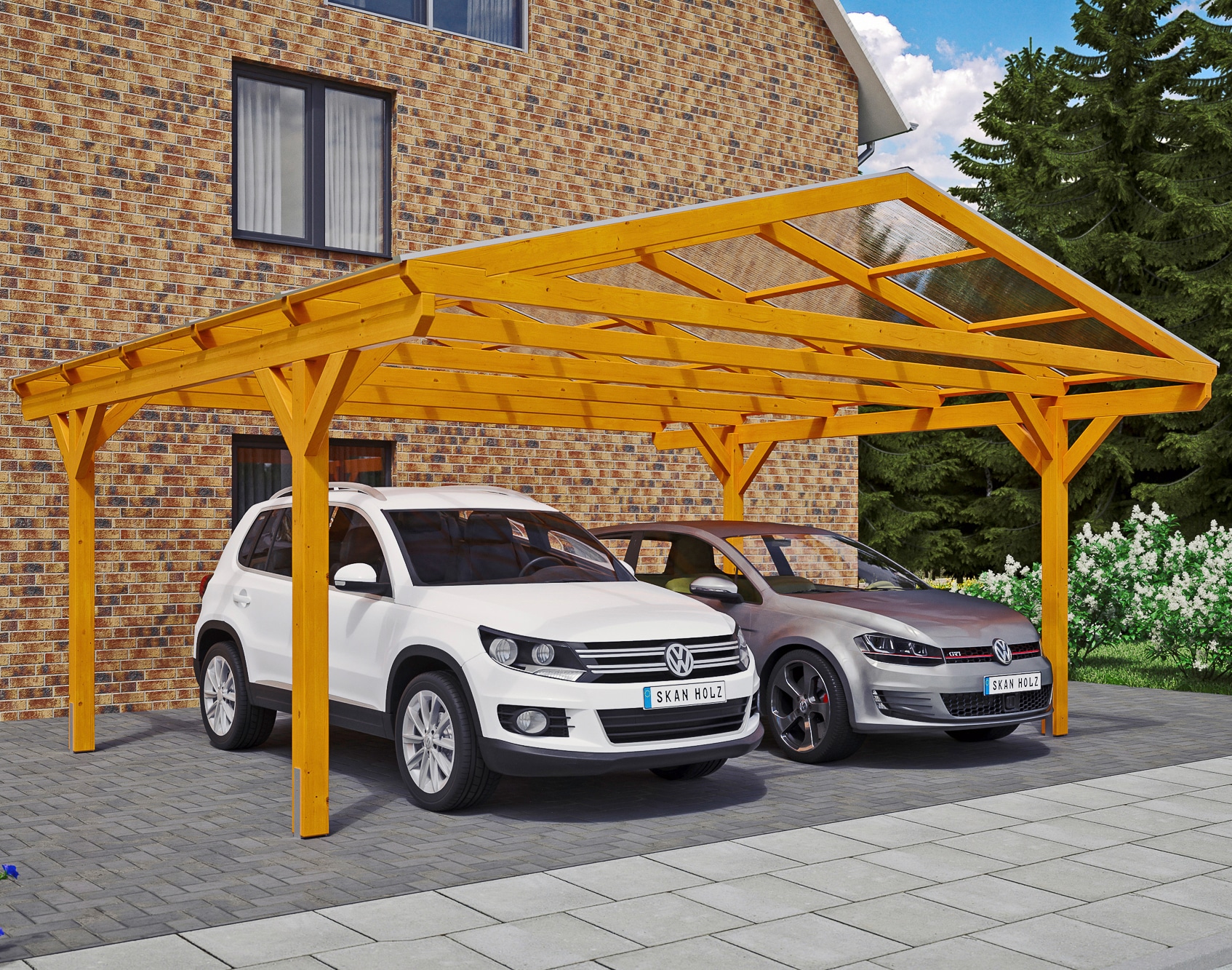 Skanholz Doppelcarport "Westerwald", Leimholz-Nordisches Fichtenholz, 534 cm, hellbraun