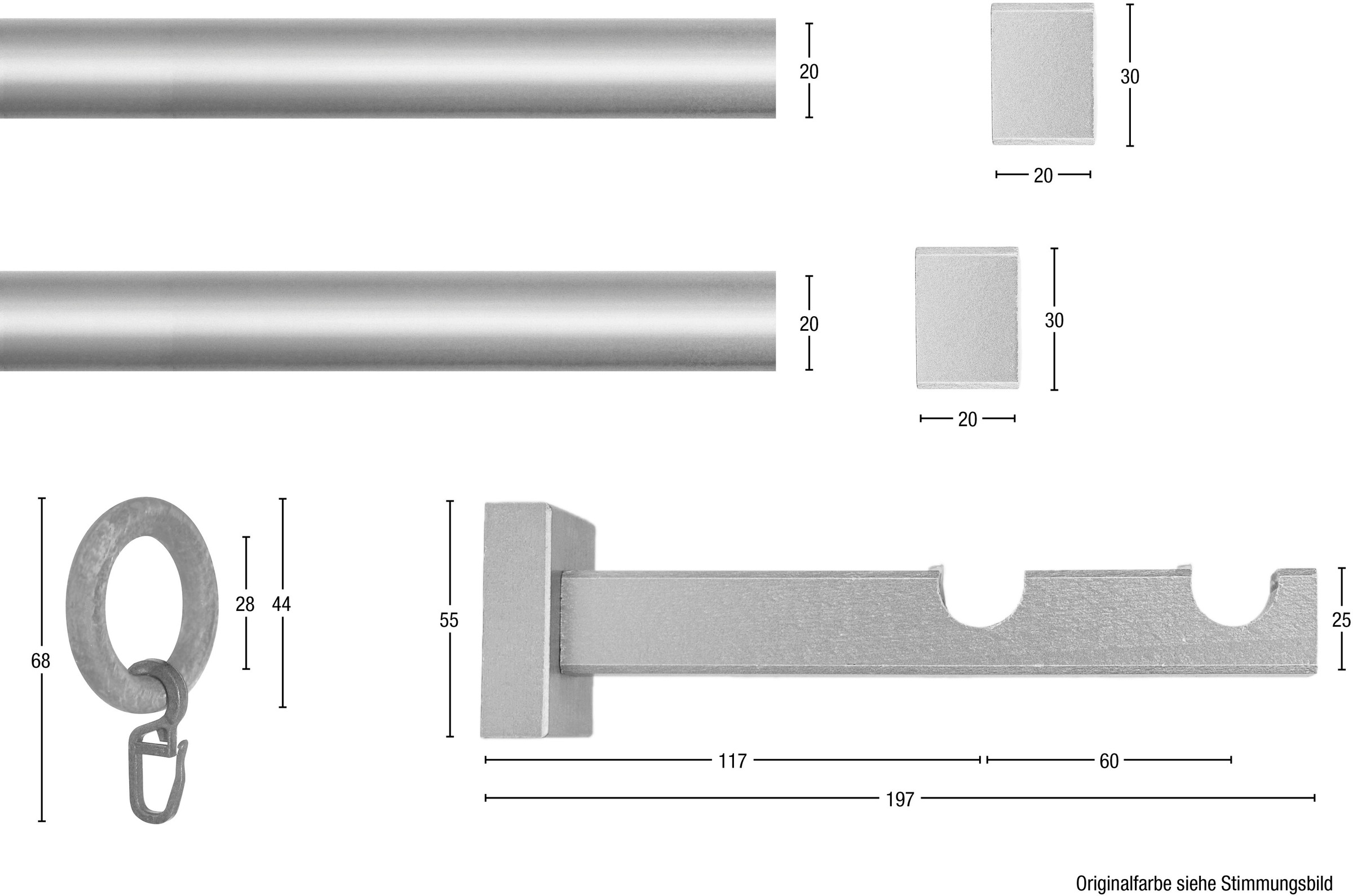 Thumbnail - GARESA Gardinenstange "CUBUS" Ø 20 mm 2 läufig-läufig Wunschmaßlänge Vorhanggarnitur, verlängerbar, Endkappe, mit Ringe